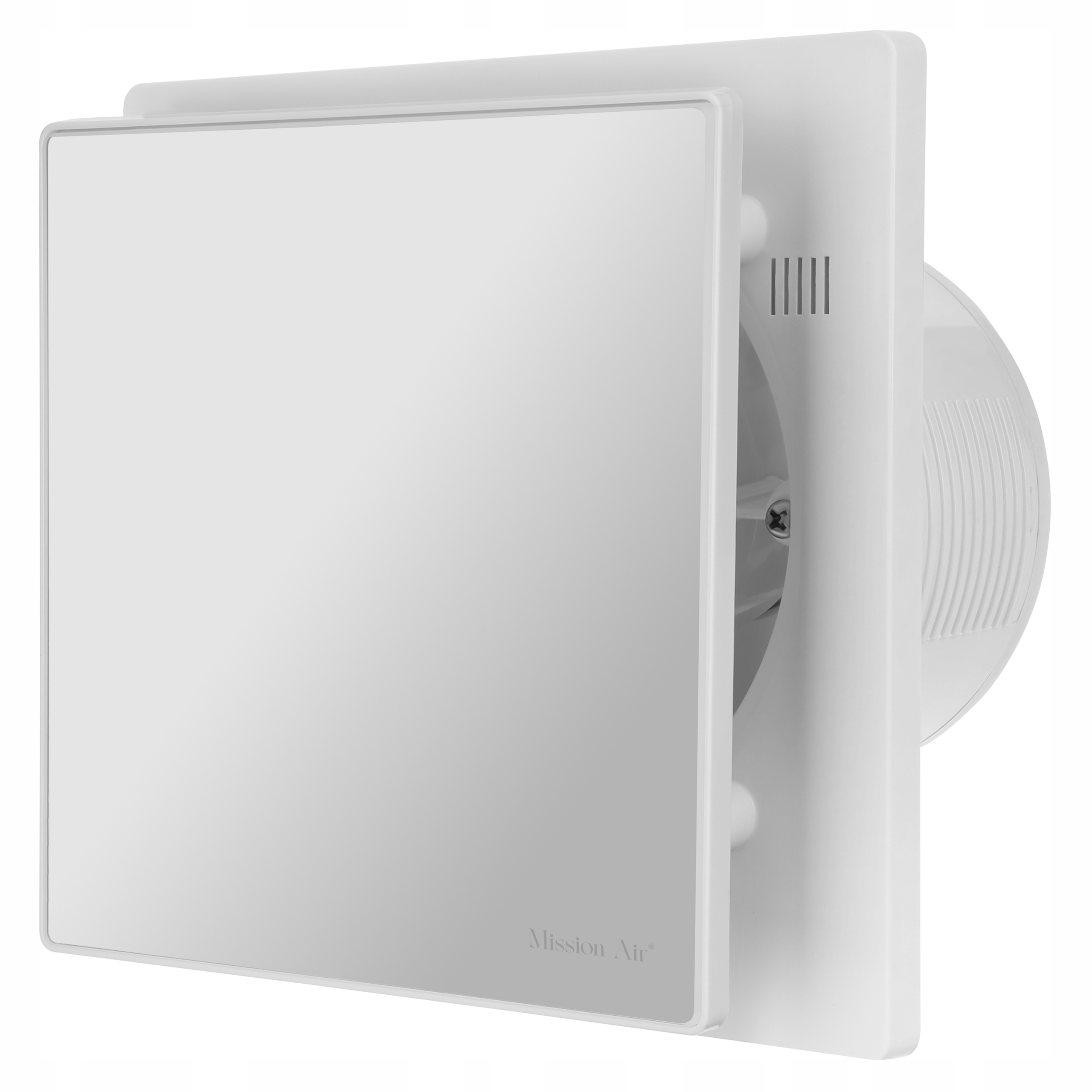 Biały odpowietrznik z kwadratową osłoną i marką Mission Air. Tło jest białe.