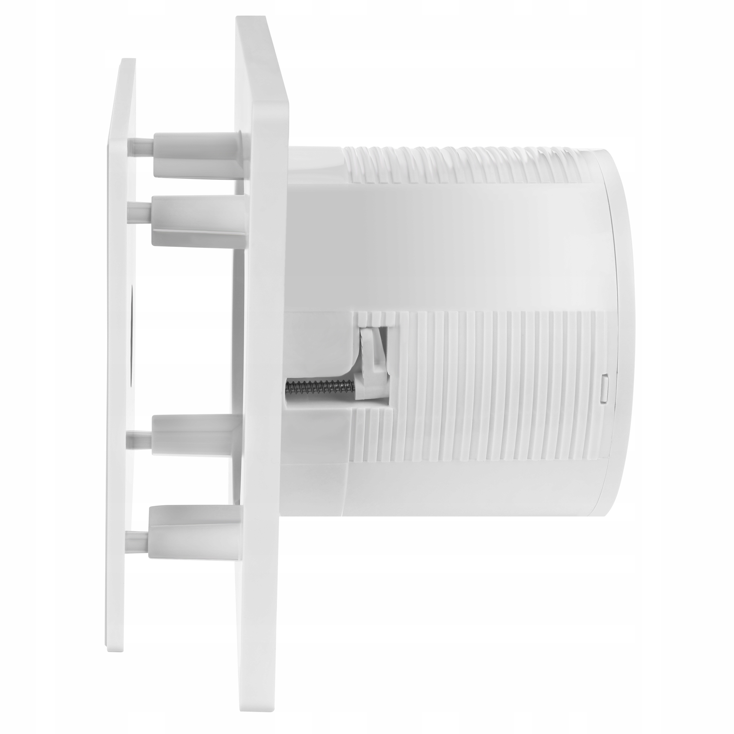 Pokazano białe urządzenie. Ma kwadratową podstawę z trzema wystającymi cylindrami i cylindrycznym korpusem.