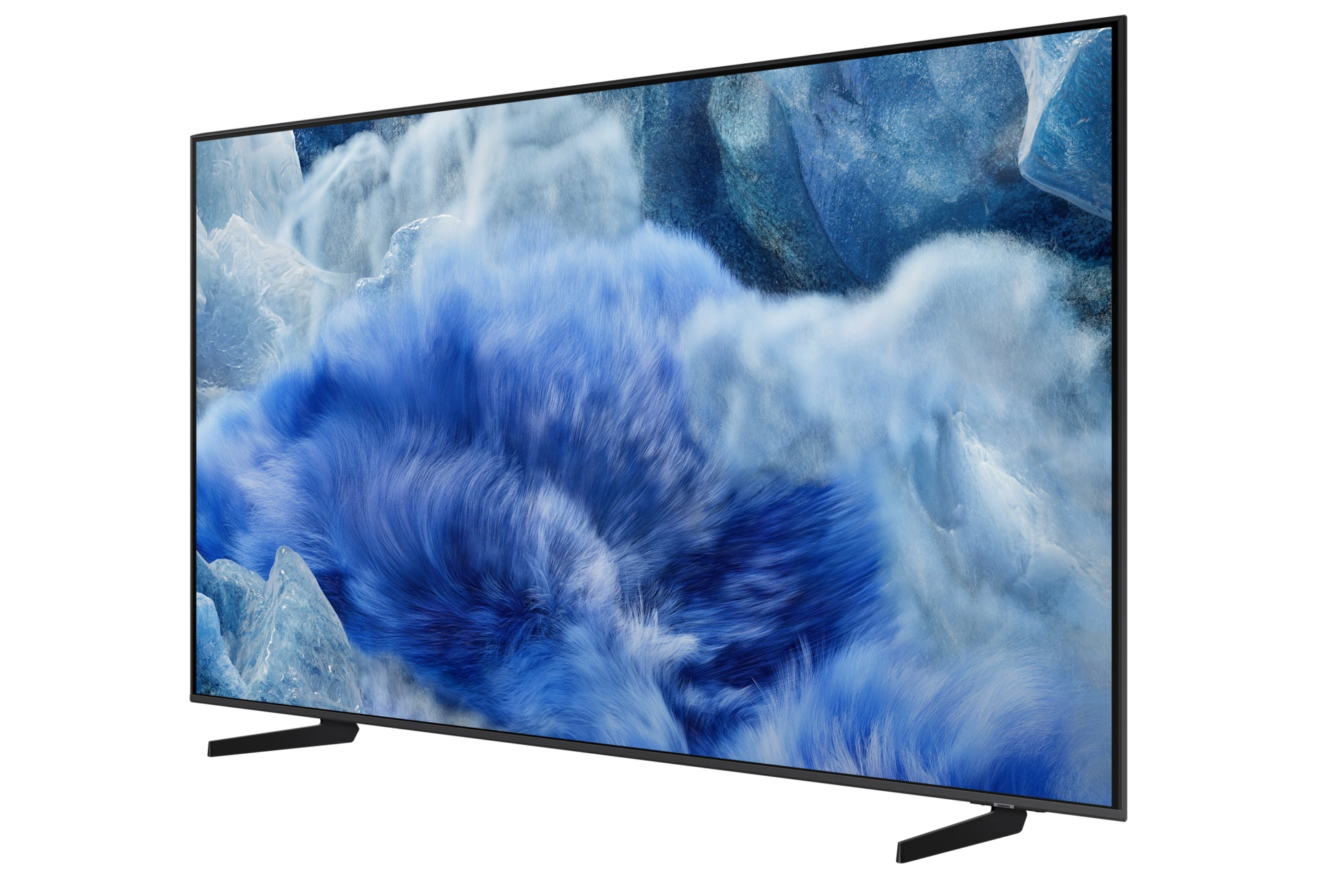 Un grande televisore moderno mostra un'immagine astratta blu. Ha supporti neri. Lo schermo è centrato, con una cornice nera.