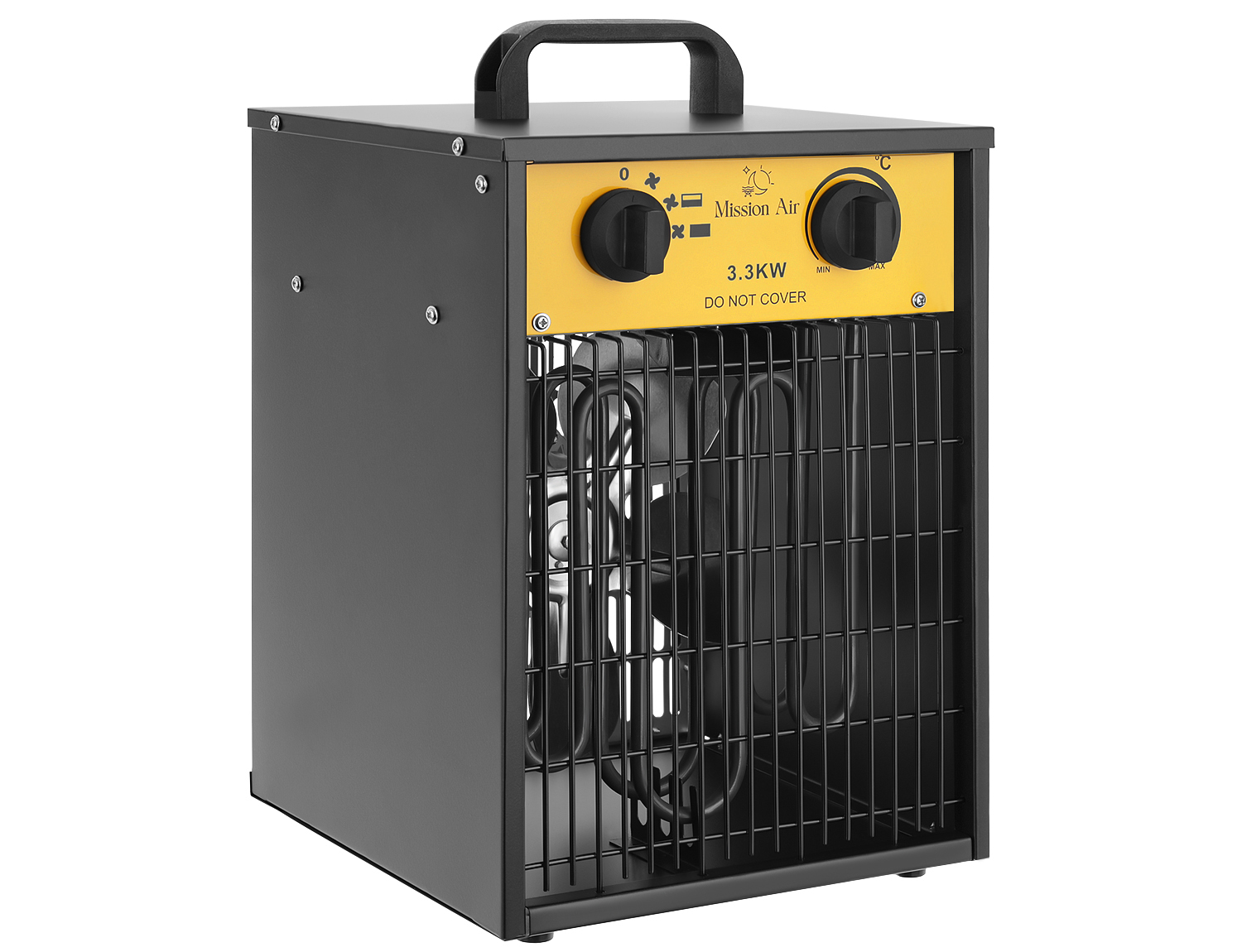 Czarno-żółty grzejnik Mission Air z uchwytem, kratką i pokrętłami sterowania.