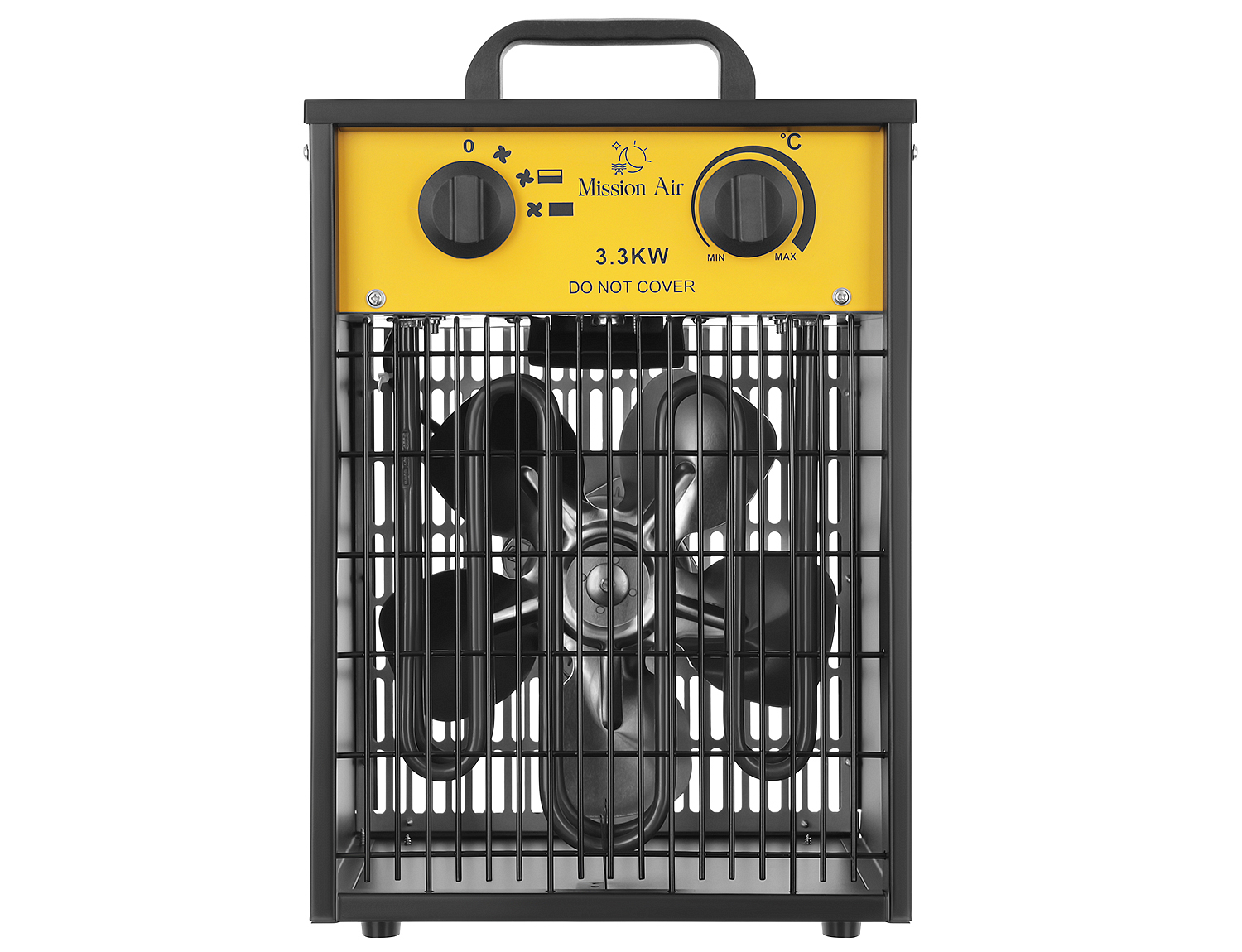 Czarno-żółty grzejnik elektryczny z uchwytem. Ma wentylator za metalową kratką i pokrętła regulacyjne z przodu.