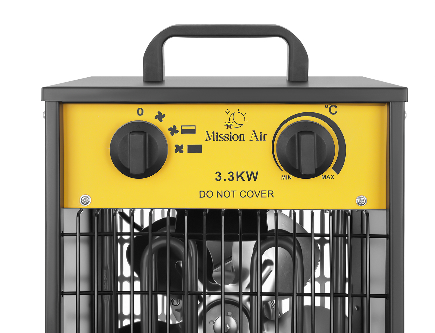 Żółto-czarny grzejnik Mission Air. Ma dwa pokrętła, uchwyt i ochronną metalową kratkę.