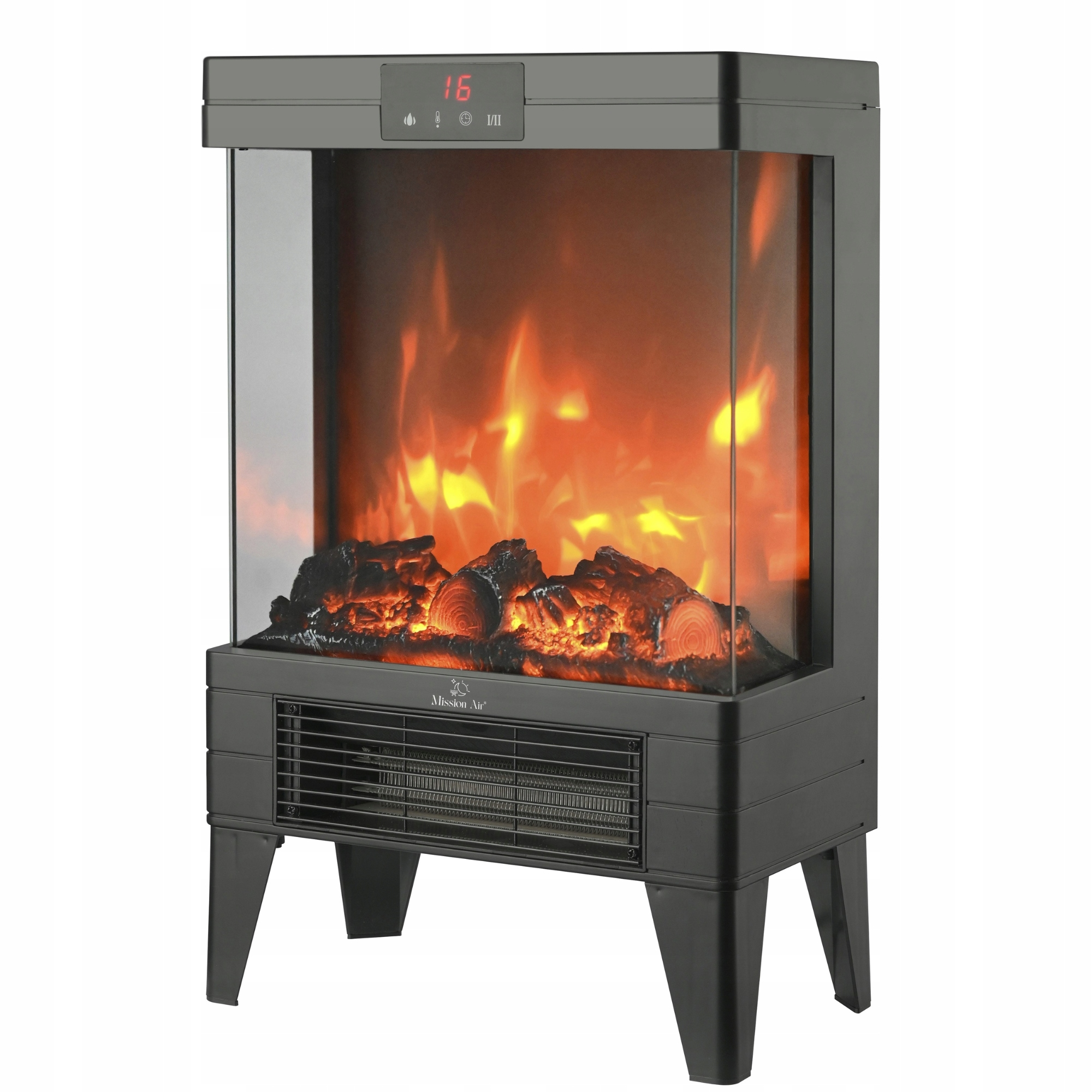 Kominek elektryczny ze szklanym frontem, efektem płomienia i wyświetlaczem cyfrowym.