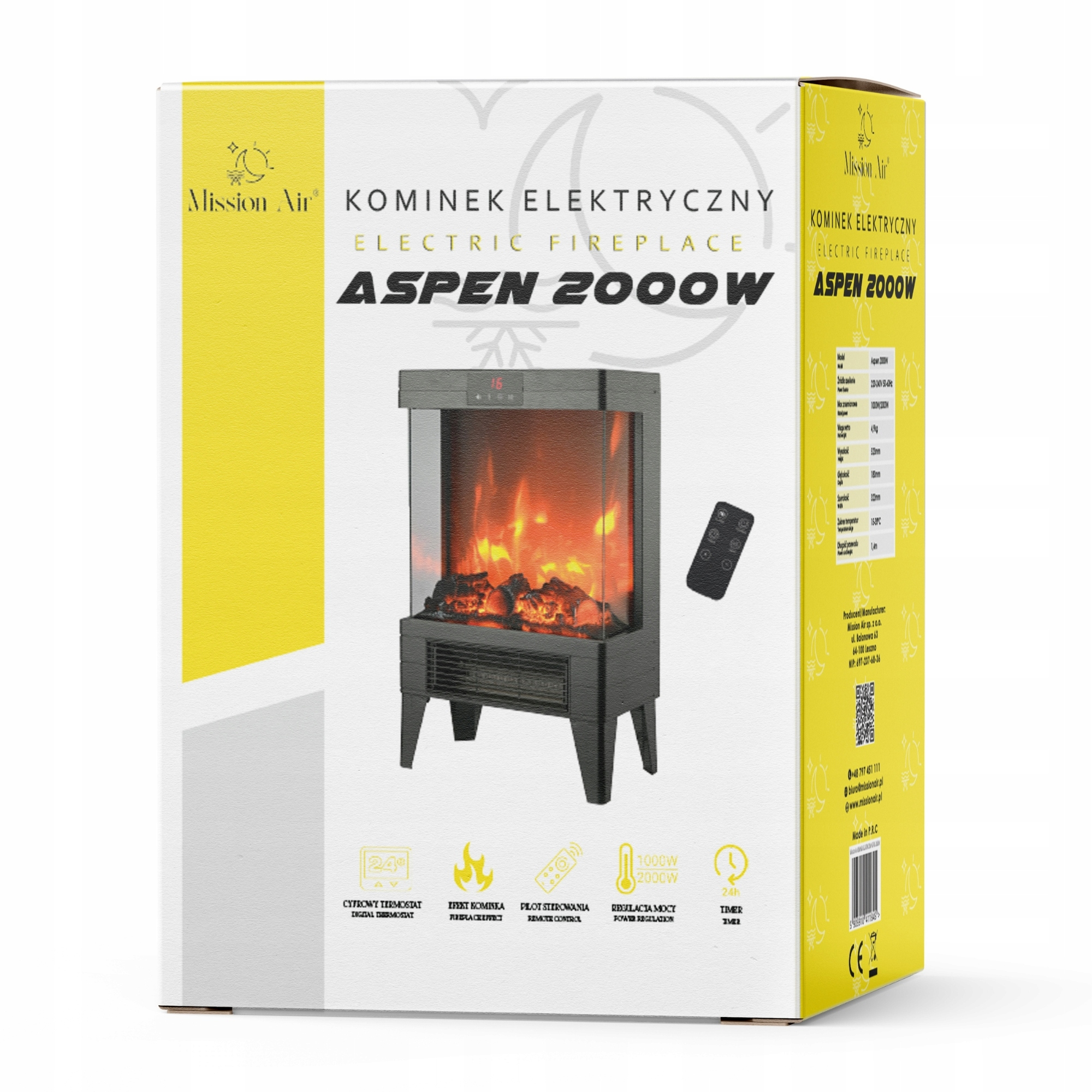 Pudełko kominka elektrycznego Aspen 2000W. Ma zdjęcie kominka z efektem ognia i pilotem zdalnego sterowania.