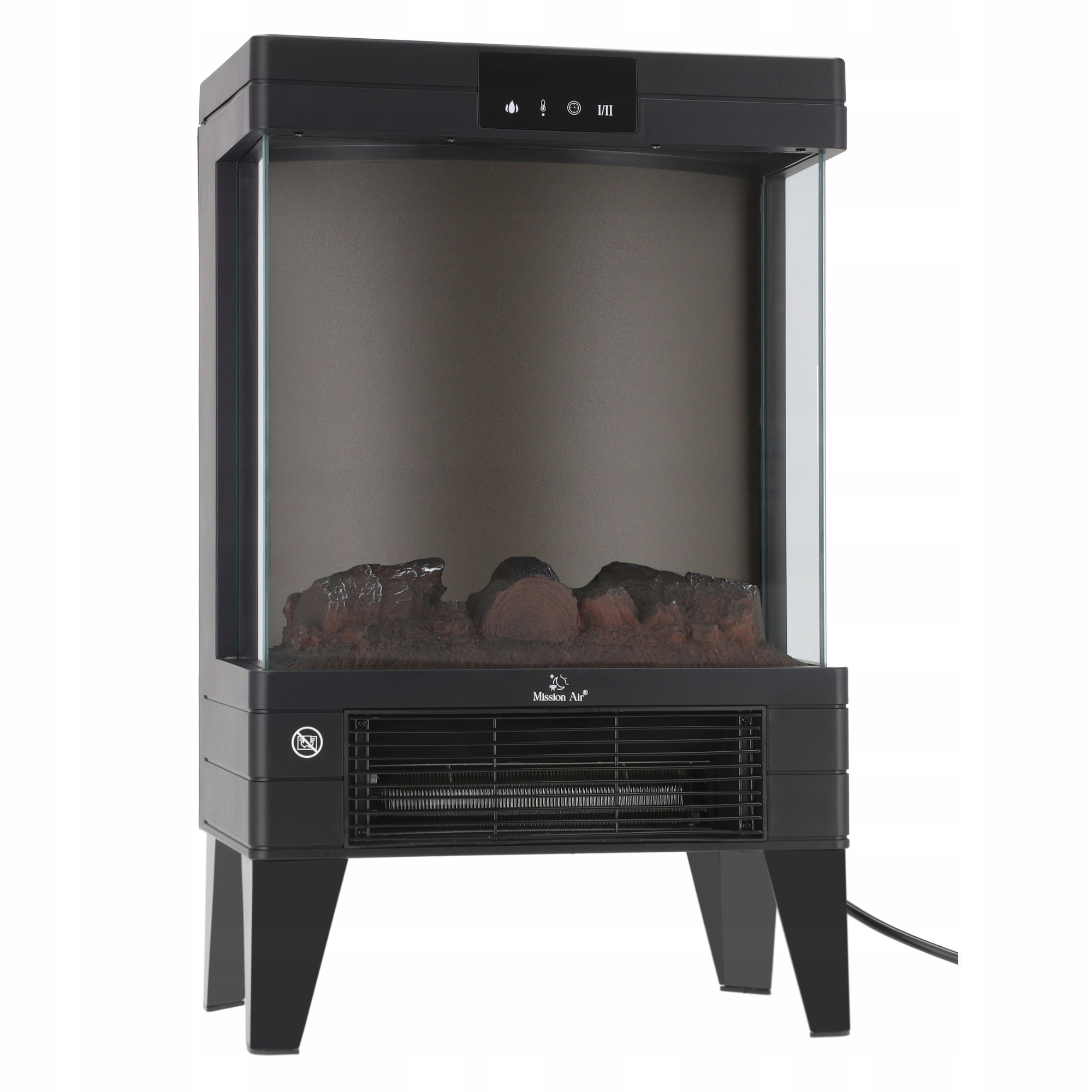 Czarny kominek elektryczny z imitacją kłód, szklanymi panelami i panelem sterowania. Stoi na czterech nogach.