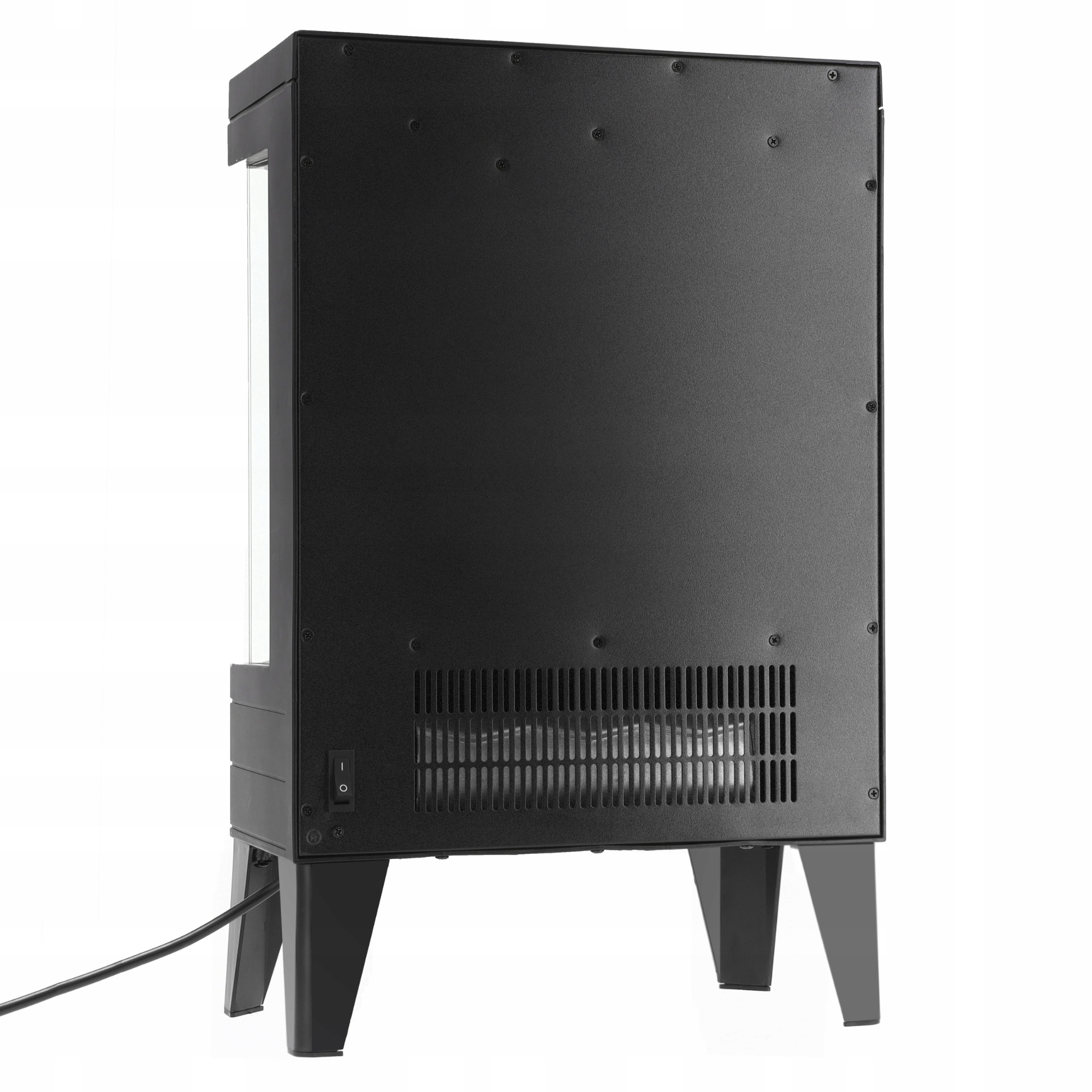 Czarne, prostokątne urządzenie ze szklanym panelem, włącznikiem i wentylacją. Ma cztery nogi i kabel.