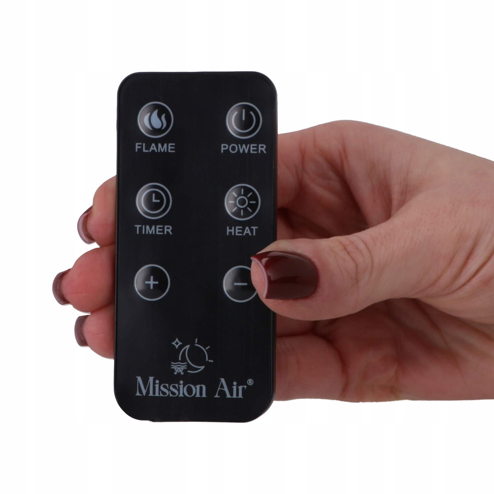 Dłoń trzyma czarny pilot z przyciskami do płomienia, zasilania, timera, ciepła, plusa i minusa.