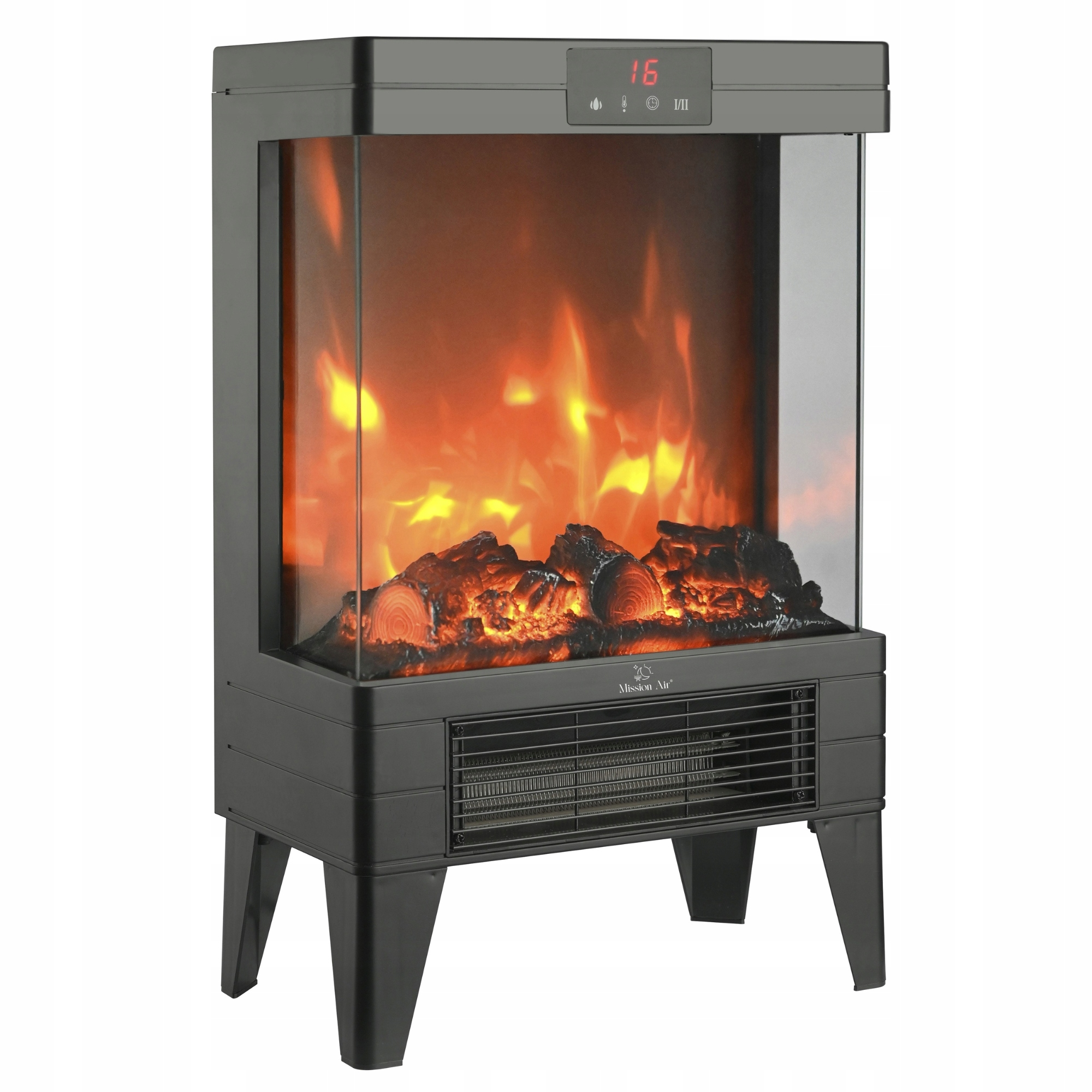 Elektryczny kominek z czarną ramą, szklanym przodem i symulowanym ogniem. Wyświetla cyfrowy odczyt temperatury.