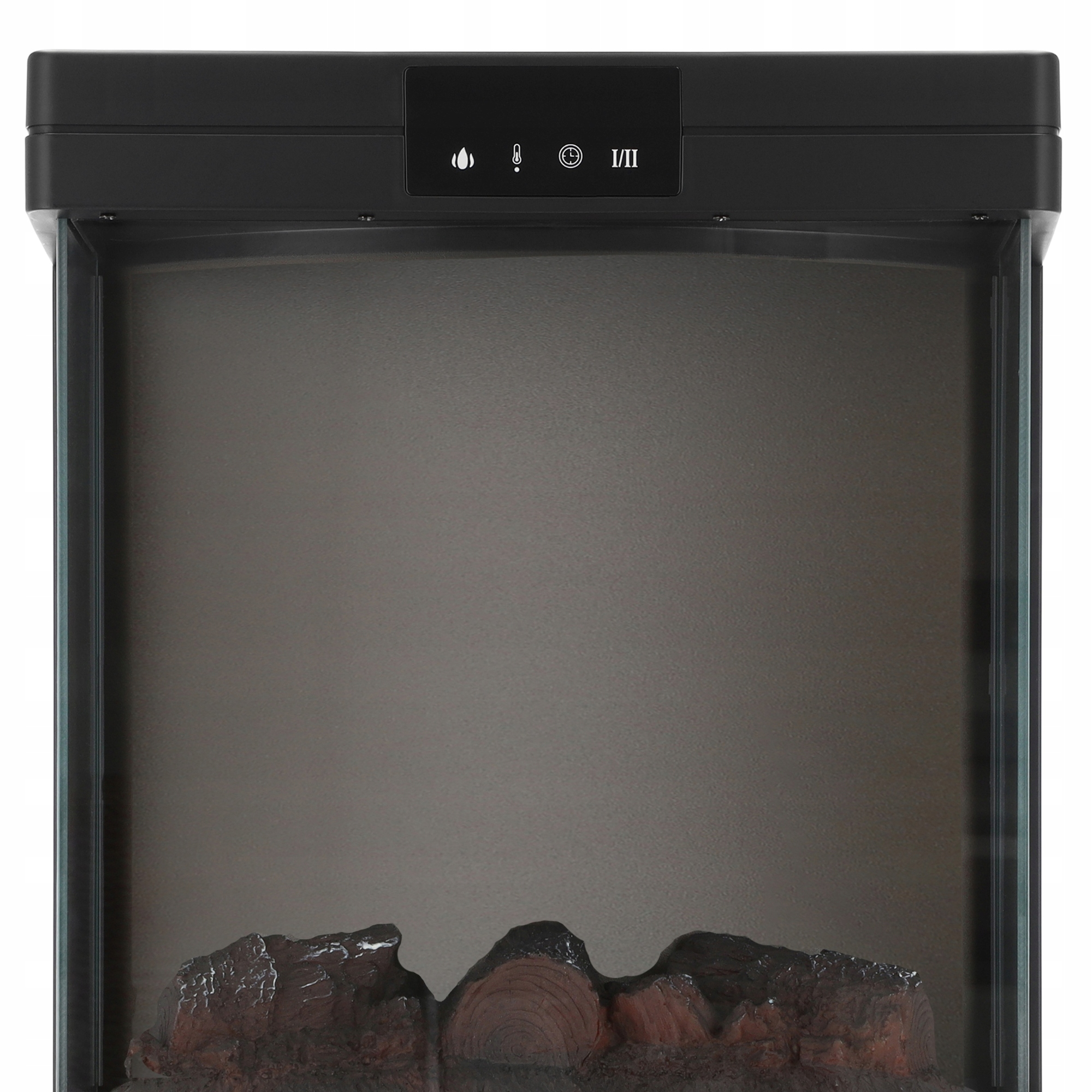 Kominek elektryczny z czarną ramą, szklanym frontem i sztucznymi kłodami. Panel sterowania u góry. Tło jest szare.