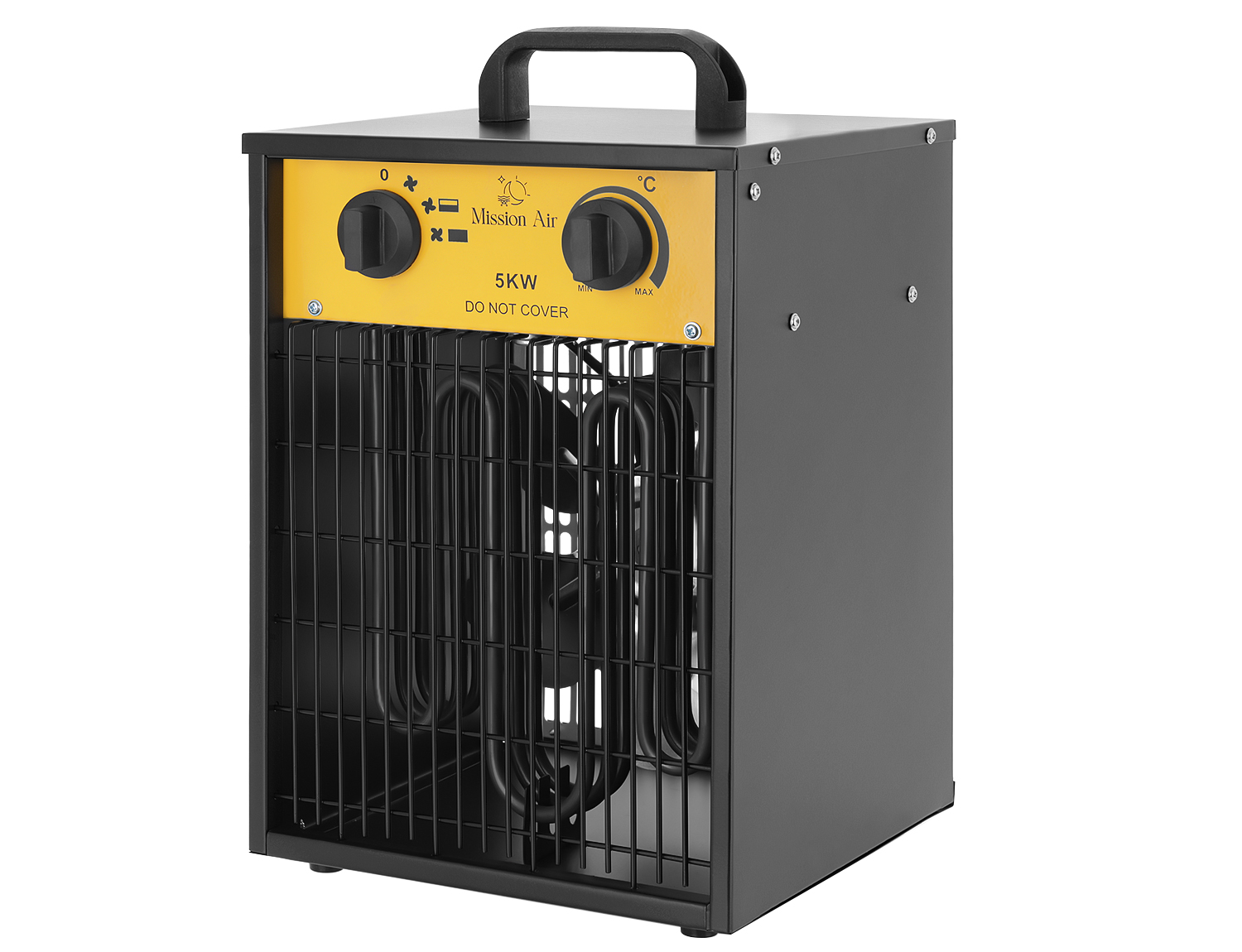 Czarno-żółty grzejnik elektryczny z uchwytem. Z przodu metalowa kratka. Ma dwa pokrętła i wskaźnik temperatury.