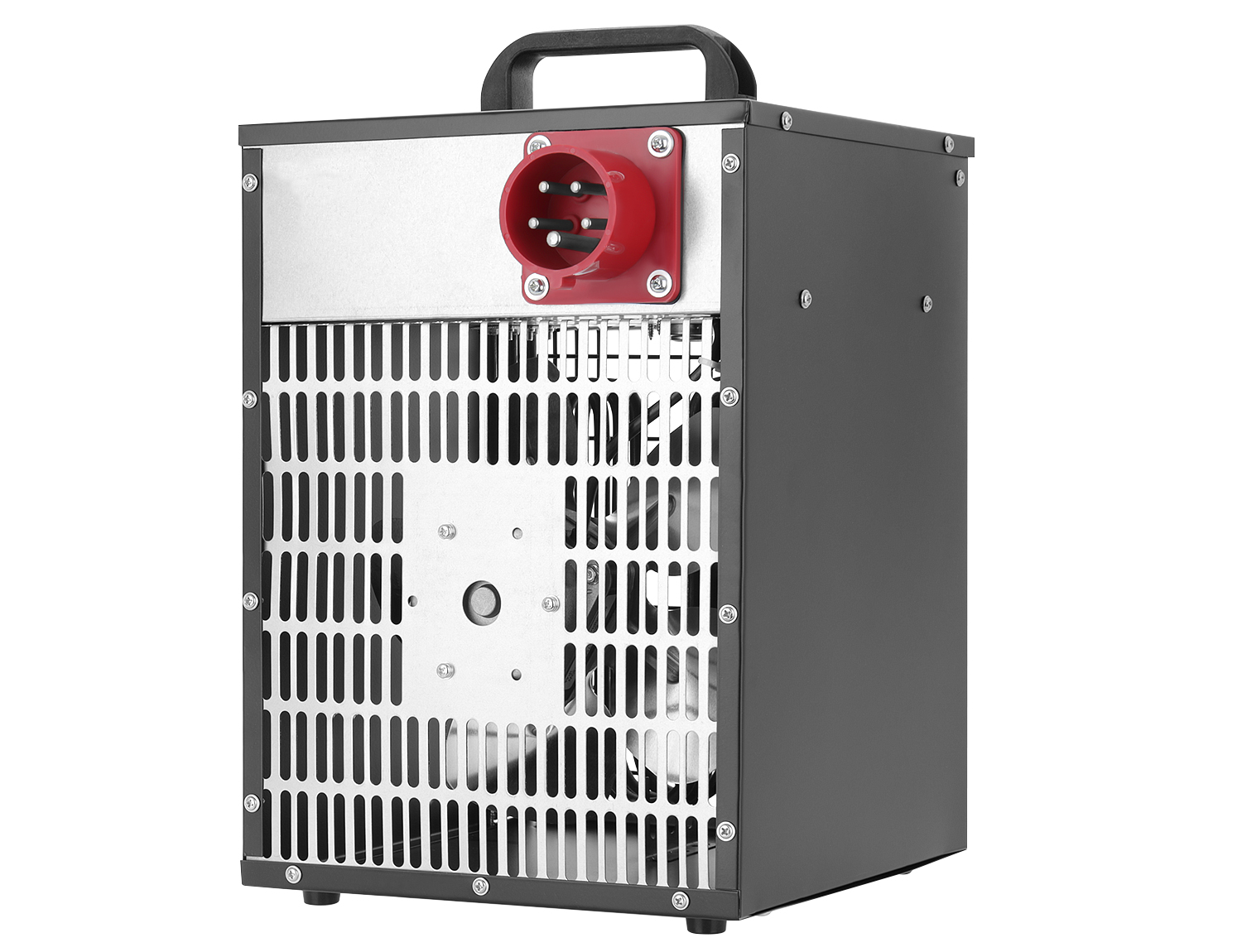 Ciemnoszare urządzenie elektryczne z czerwonym gniazdem zasilania i czarnym uchwytem. Posiada metalową kratkę i uchwyt.