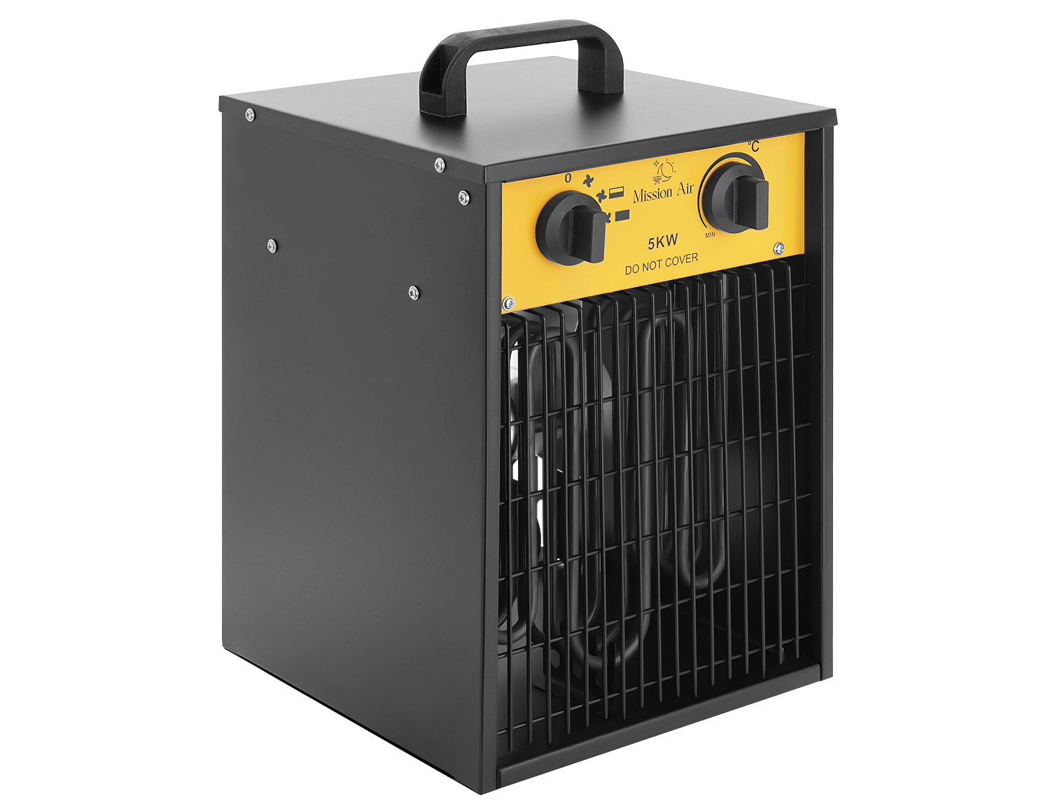 Czarno-żółty grzejnik elektryczny. Posiada uchwyt, pokrętła i kratkę. Na panelu przednim napis 'Mission Air' i '5KW'.