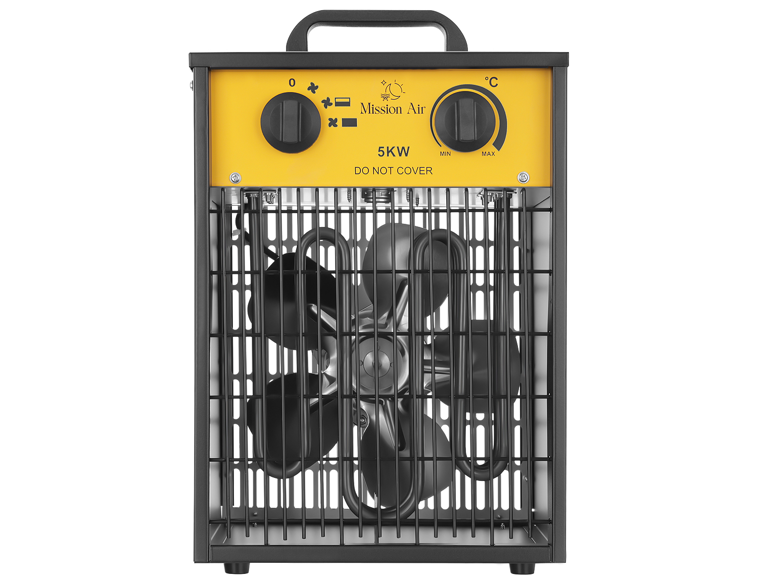 Czarno-żółta nagrzewnica Mission Air 5KW. Posiada wentylator za kratką ochronną, z pokrętłami i uchwytem do przenoszenia.