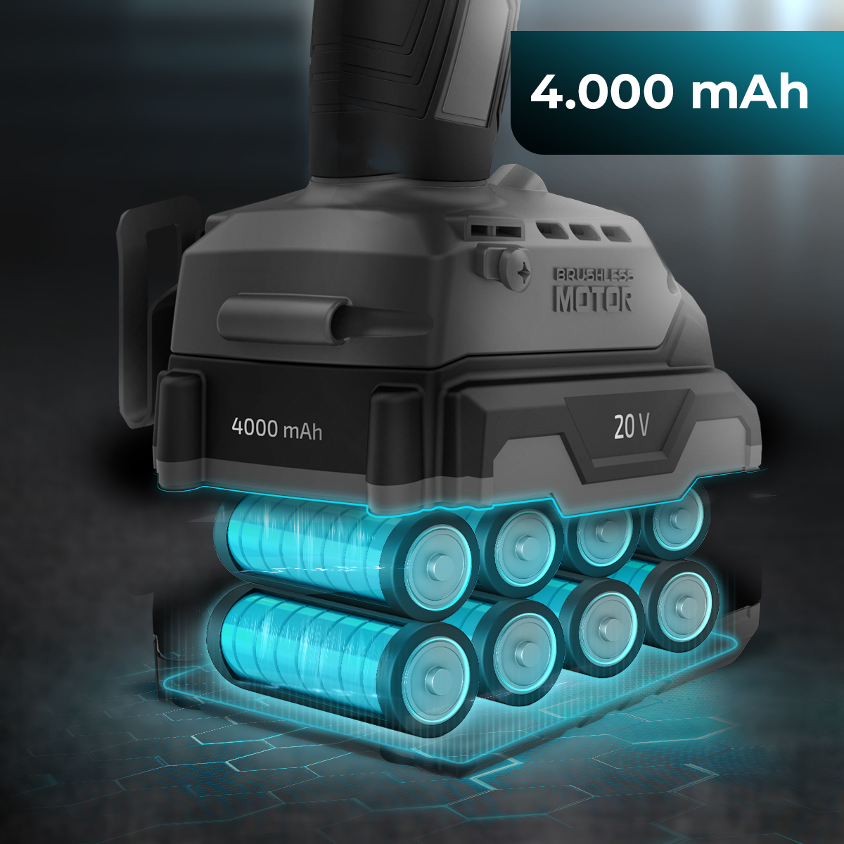 Zbliżenie wiertarki akumulatorowej z podświetlonym akumulatorem. Wyświetla specyfikacje 4000 mAh i 20 V oraz widoczne niebieskie baterie.