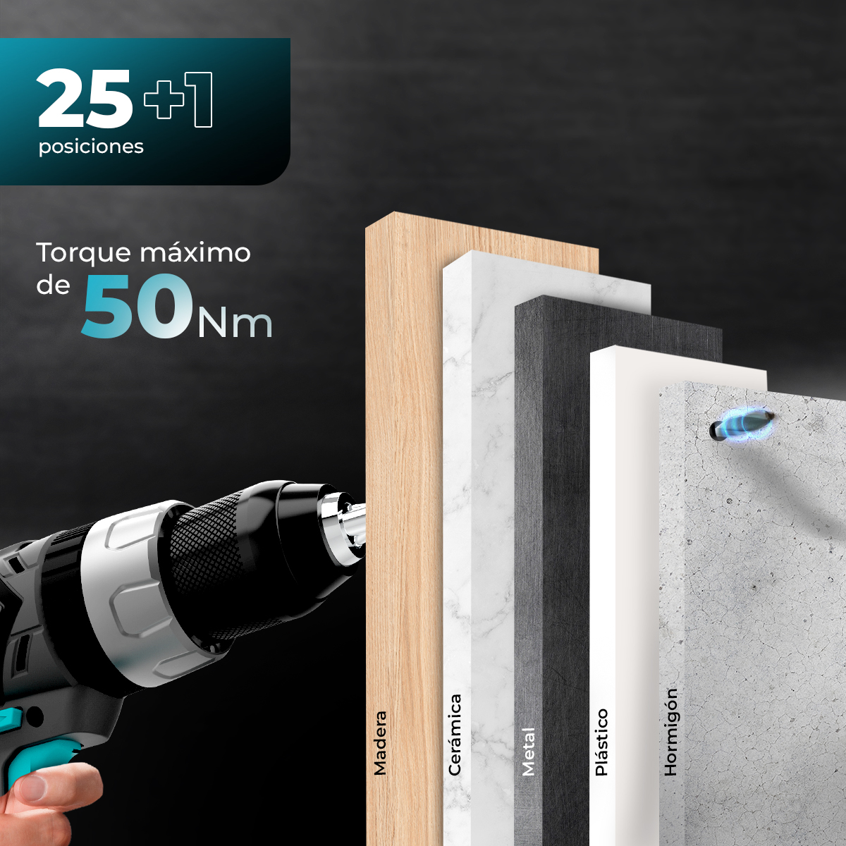Ein Bohrer bohrt in Beton. Schichten aus Holz, Keramik, Metall, Kunststoff und Beton werden gezeigt. Text zeigt 25+1 Positionen und 50 Nm Drehmoment.