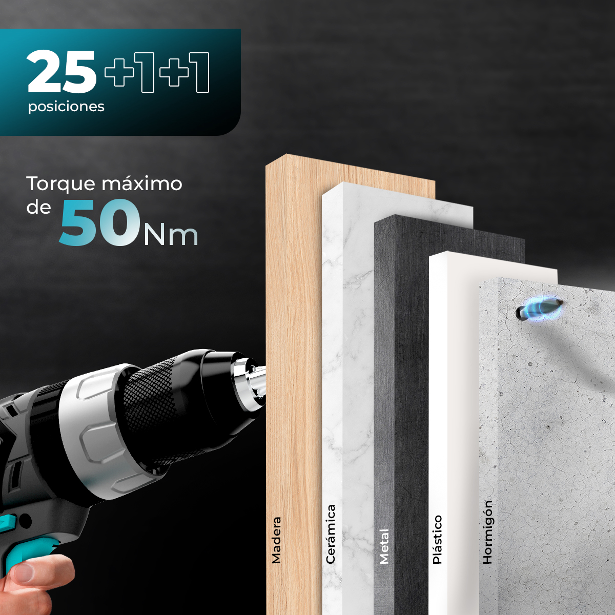 Wiertarka i próbki materiałów, takich jak drewno, ceramika, metal, plastik i beton. Tekst: moment obrotowy '50Nm' i '25+1+1' pozycji.
