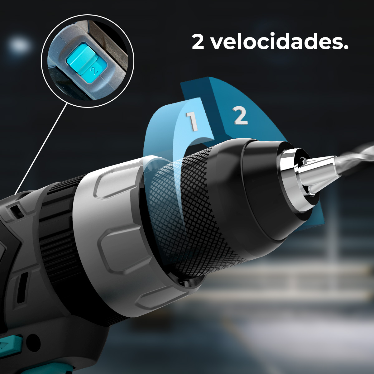 Zbliżenie wiertarki pokazujące ustawienia prędkości i szczegóły wiertła. Tekst: '2 velocidades'.