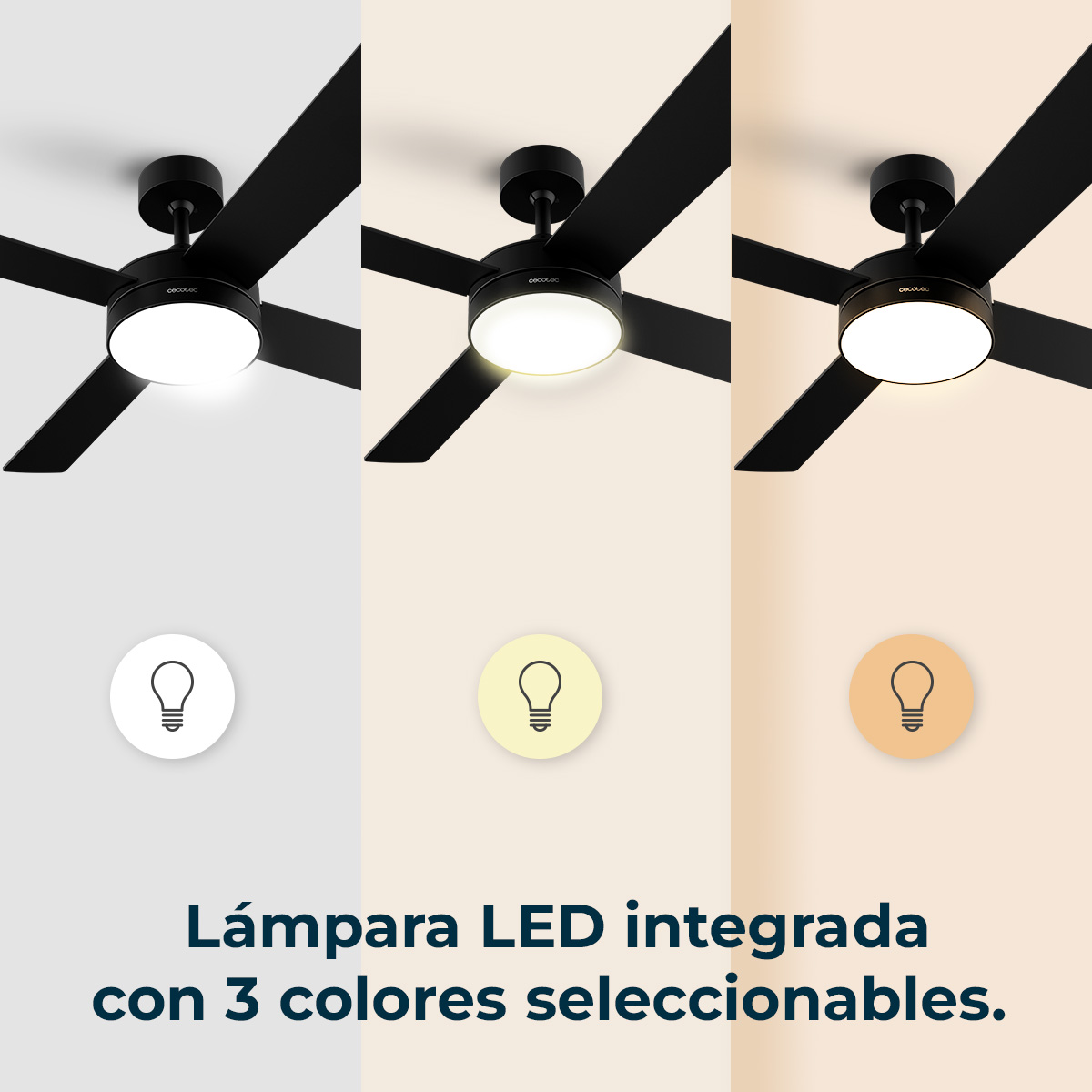 Obraz przedstawia wentylator sufitowy ze zintegrowanym światłem LED w trzech wariantach kolorystycznych. Każdy z odpowiednią ikoną żarówki.