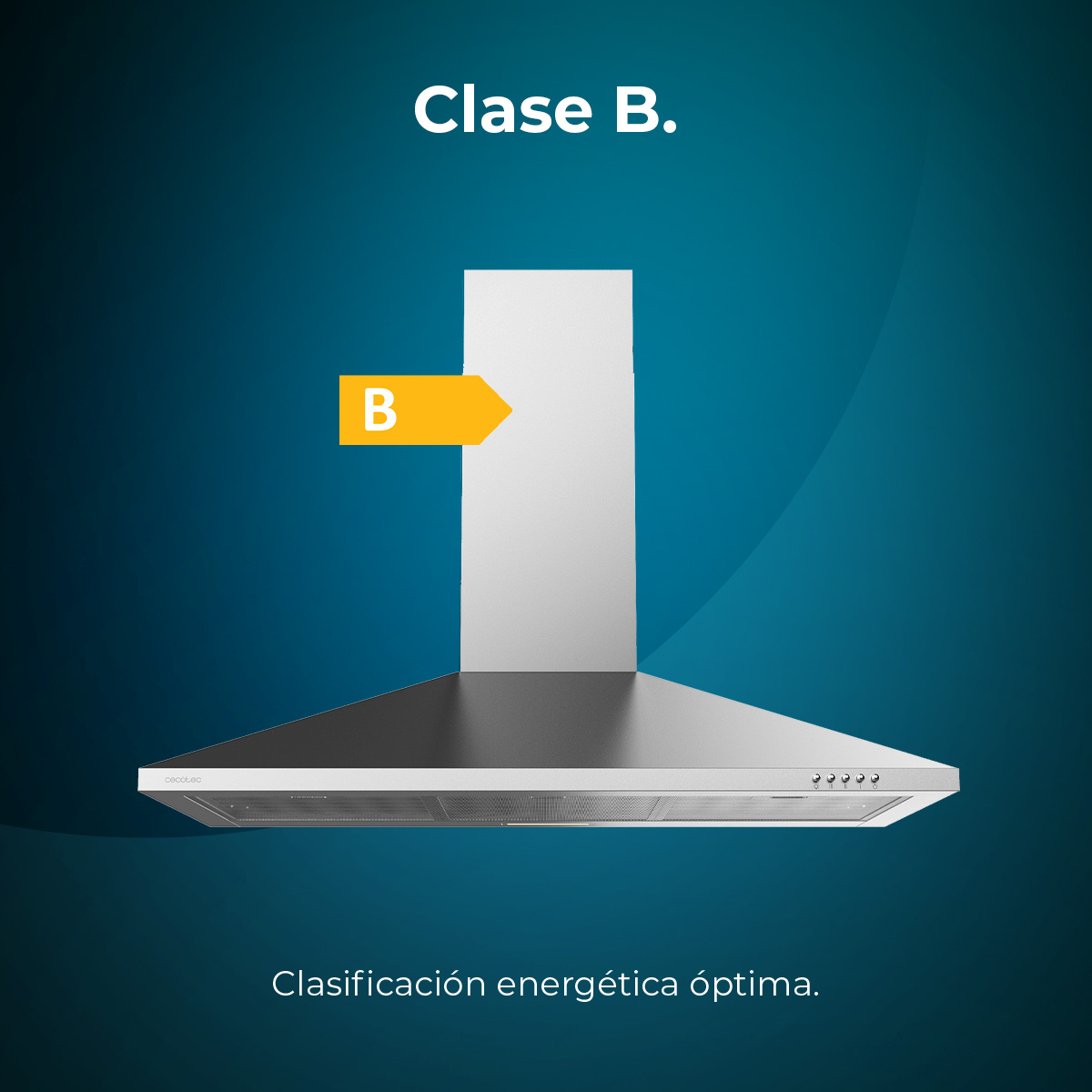 Una campana extractora metálica con una etiqueta de eficiencia energética B. El fondo es azul degradado. El texto dice 'Clase B' y 'Clasificación energética óptima'.