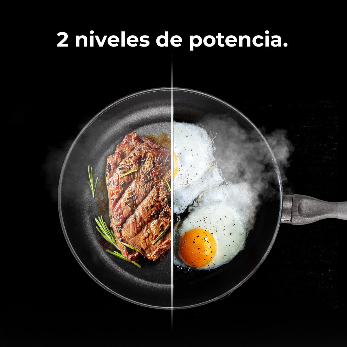 Una sartén muestra bistec y huevos fritos. El bistec está a la izquierda, los huevos a la derecha. Vapor sube de ambos. Texto arriba: 2 niveles de potencia.