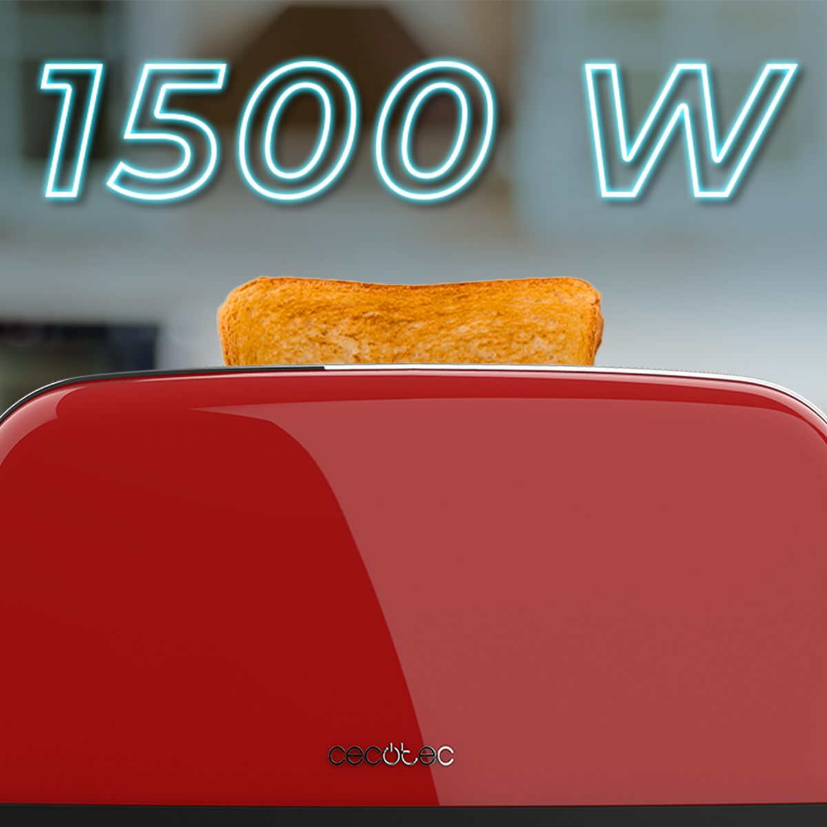Un tostapane rosso con una fetta di pane tostato. Sopra, il testo illuminato recita '1500 W'. Il marchio è 'cecotec'.