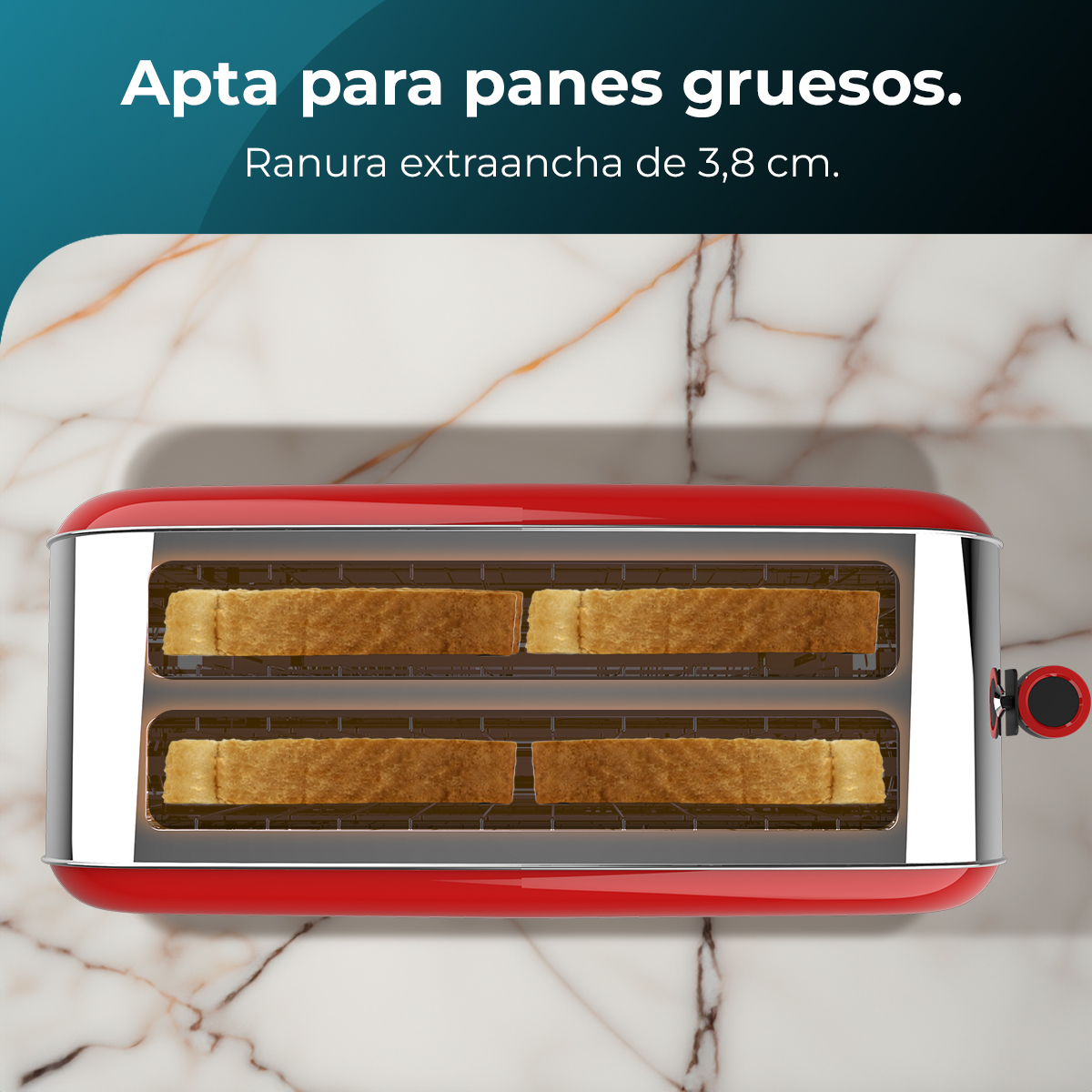 Un tostapane rosso con quattro fette di pane tostato all'interno. Lo sfondo è un piano di lavoro in marmo con testo in alto.