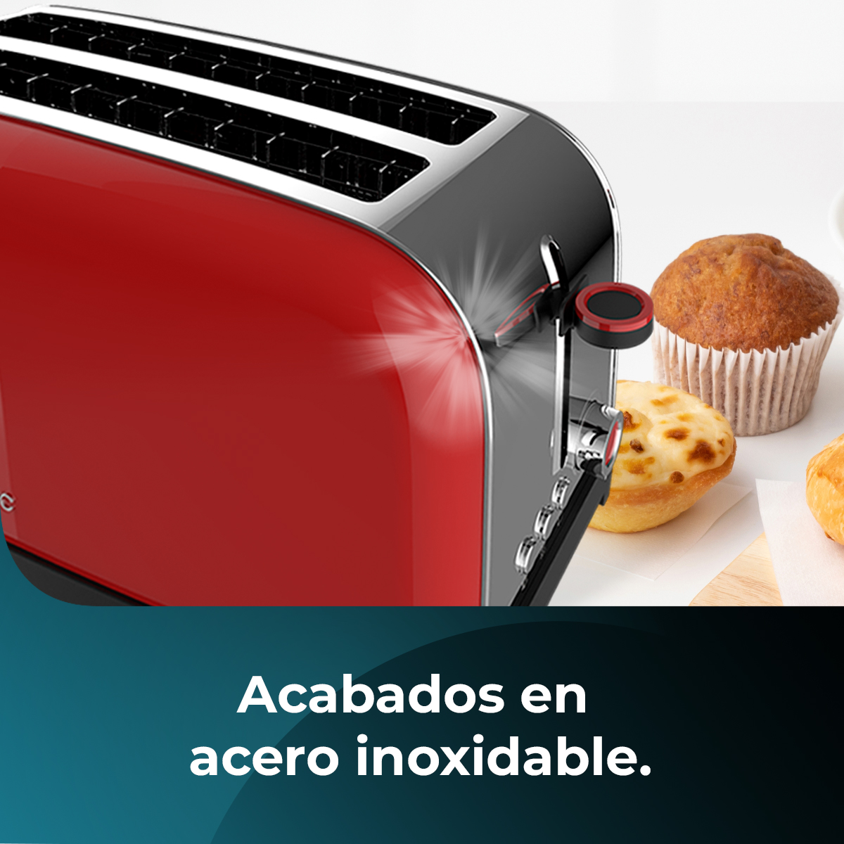 Un tostapane rosso con accenti neri e muffin sul lato destro. Il testo in basso dice 'Finiture in acciaio inossidabile'.