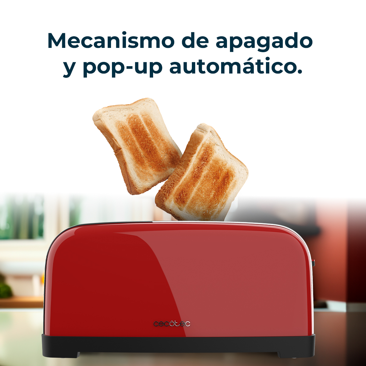Un tostapane rosso fa uscire due fette di pane tostato. L'immagine presenta un testo in spagnolo sullo spegnimento automatico.