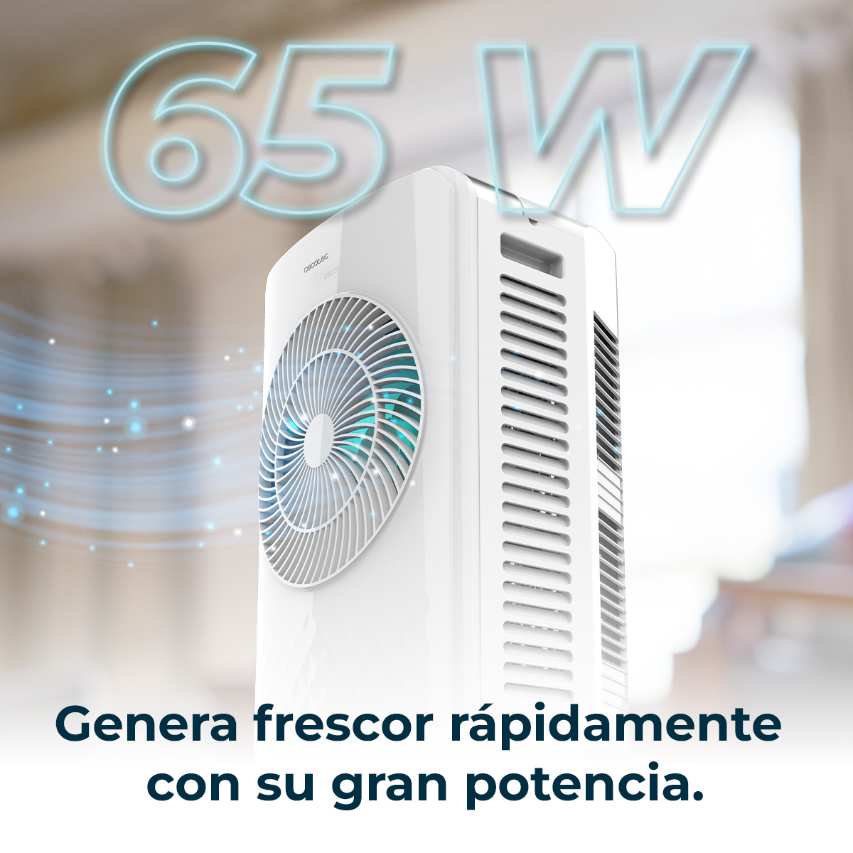 Condizionatore d'aria bianco con ventola blu e testo 65W. Testo in basso: Genera frescor rápidamente con su gran potencia.