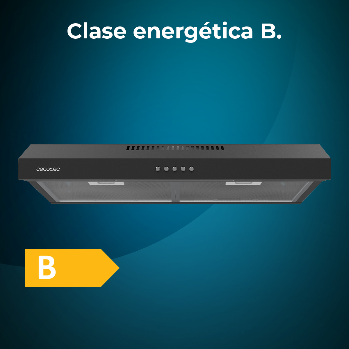 Campana extractora negra con clasificación energética B. La campana tiene botones y un filtro de malla. Una 'B' amarilla a la izquierda.