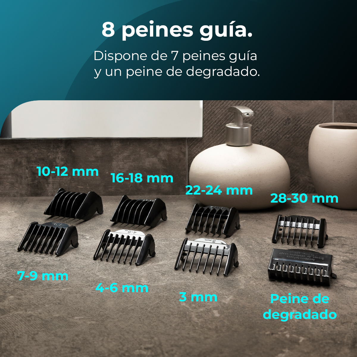 L'immagine mostra 8 pettini guida. Sono in plastica nera, etichettati con misure da 3 mm a 28-30 mm, e un pettine sfumato.