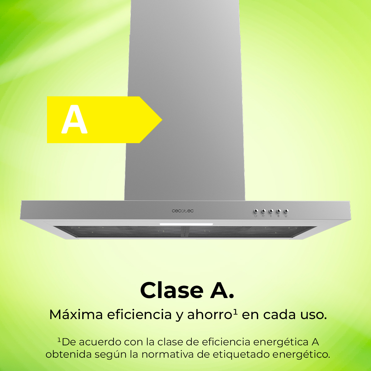 Campana extractora plateada moderna con etiqueta de eficiencia energética A. El fondo es un degradado verde y amarillo.