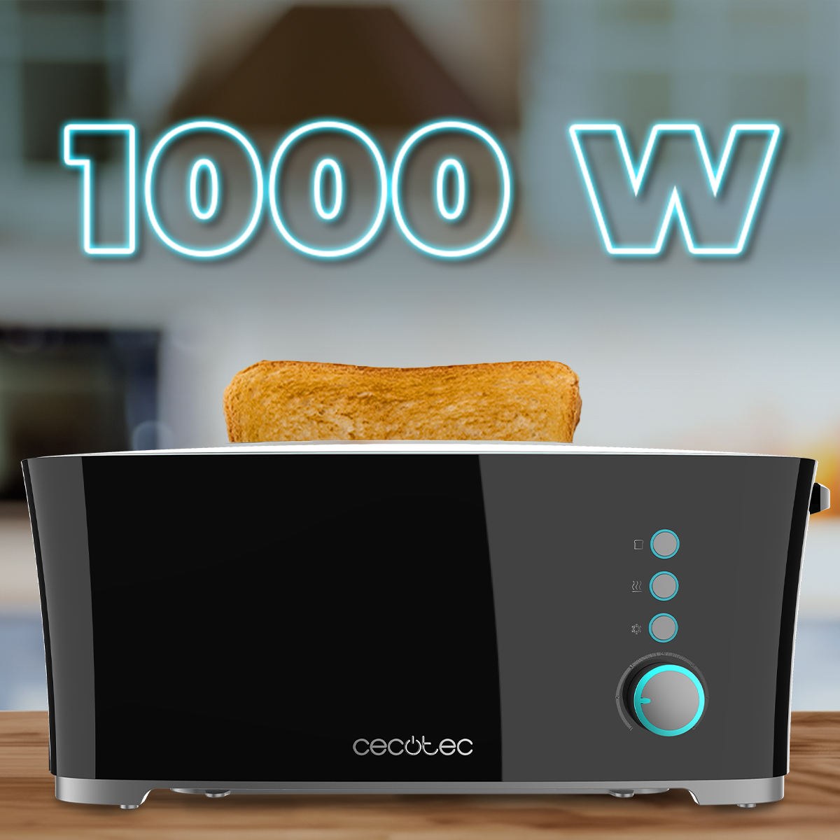 Un tostapane nero con una fetta di pane tostato che sporge. Il testo '1000 W' è sopra il tostapane.