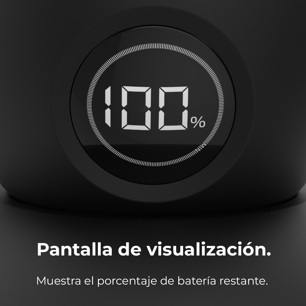 Primo piano di uno schermo nero del dispositivo che mostra il 100% di batteria. Cifre bianche su sfondo nero. Design circolare.
