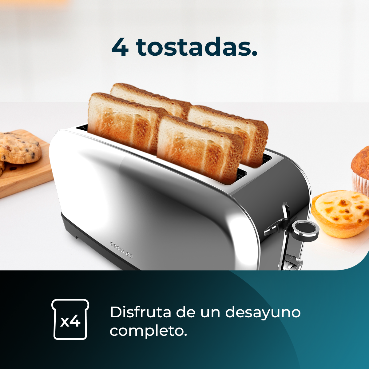 Un tostapane cromato con quattro fette di pane tostato. Biscotti e pasticcini ai lati. Testo: '4 fette' e 'Goditi una colazione completa'.
