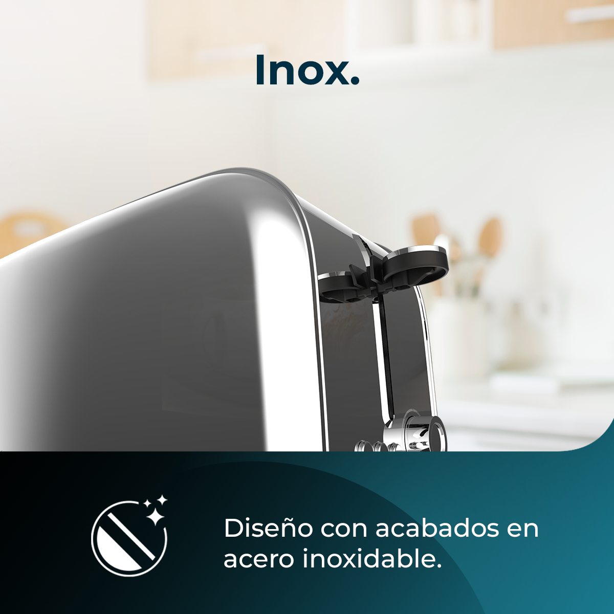 Un primo piano di un tostapane in acciaio inossidabile. La parola 'Inox' è in alto. Il testo in basso dice design con finiture in acciaio inossidabile.