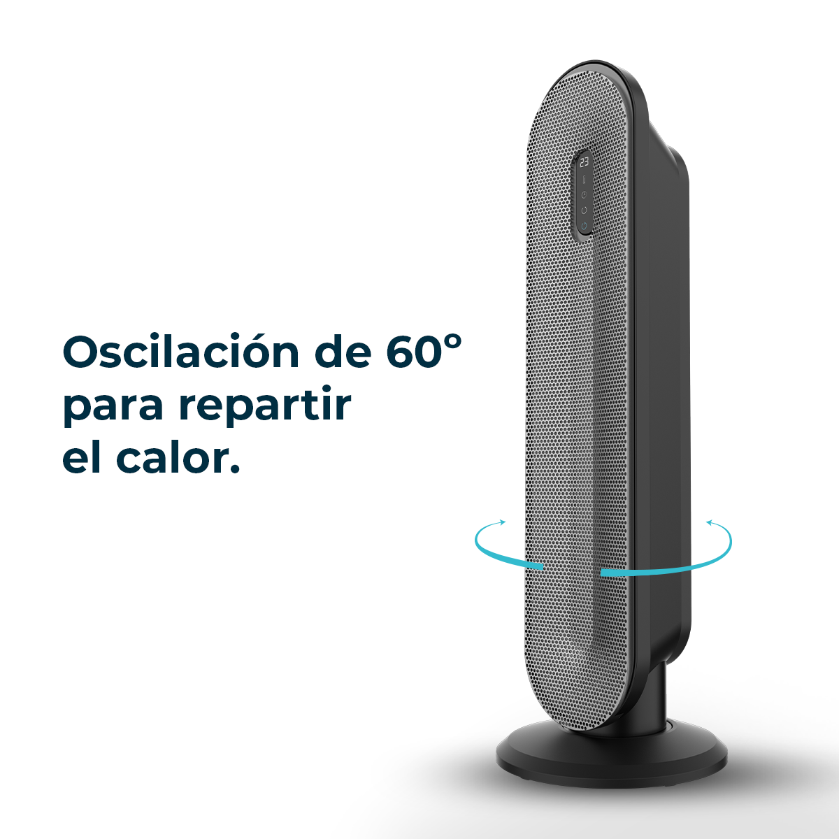 Un calefactor oscilante negro y plateado sobre fondo blanco. El texto dice 'Oscilación de 60° para distribuir el calor'.