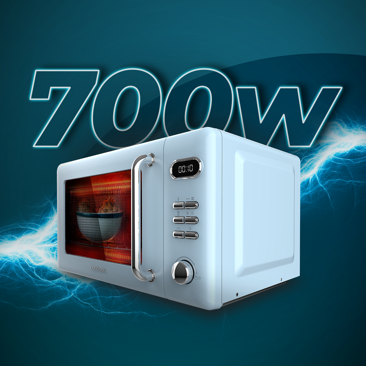 Jasnoniebieska kuchenka mikrofalowa z cyfrowym wyświetlaczem pokazuje 00:10. Tekst "700W" jest powyżej. Tło ma niebieskie błyskawice.