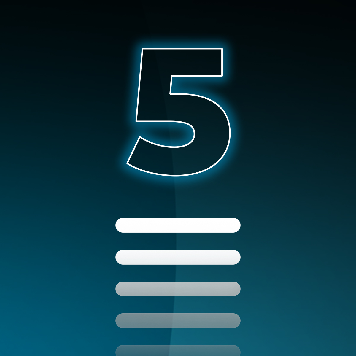 Świecąca cyfra 5 z białym obrysem i niebieskim światłem na gradientowym niebieskim tle, z poziomymi białymi i szarymi paskami poniżej.
