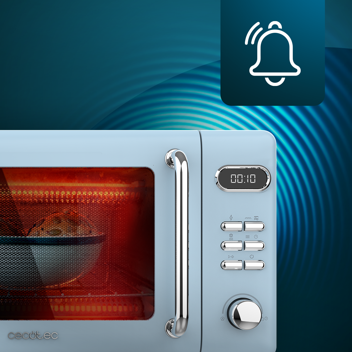 Jasnoniebieska kuchenka mikrofalowa z cyfrowym wyświetlaczem 00:10. W środku gotuje się jedzenie. Ikona dzwonka u góry po prawej.