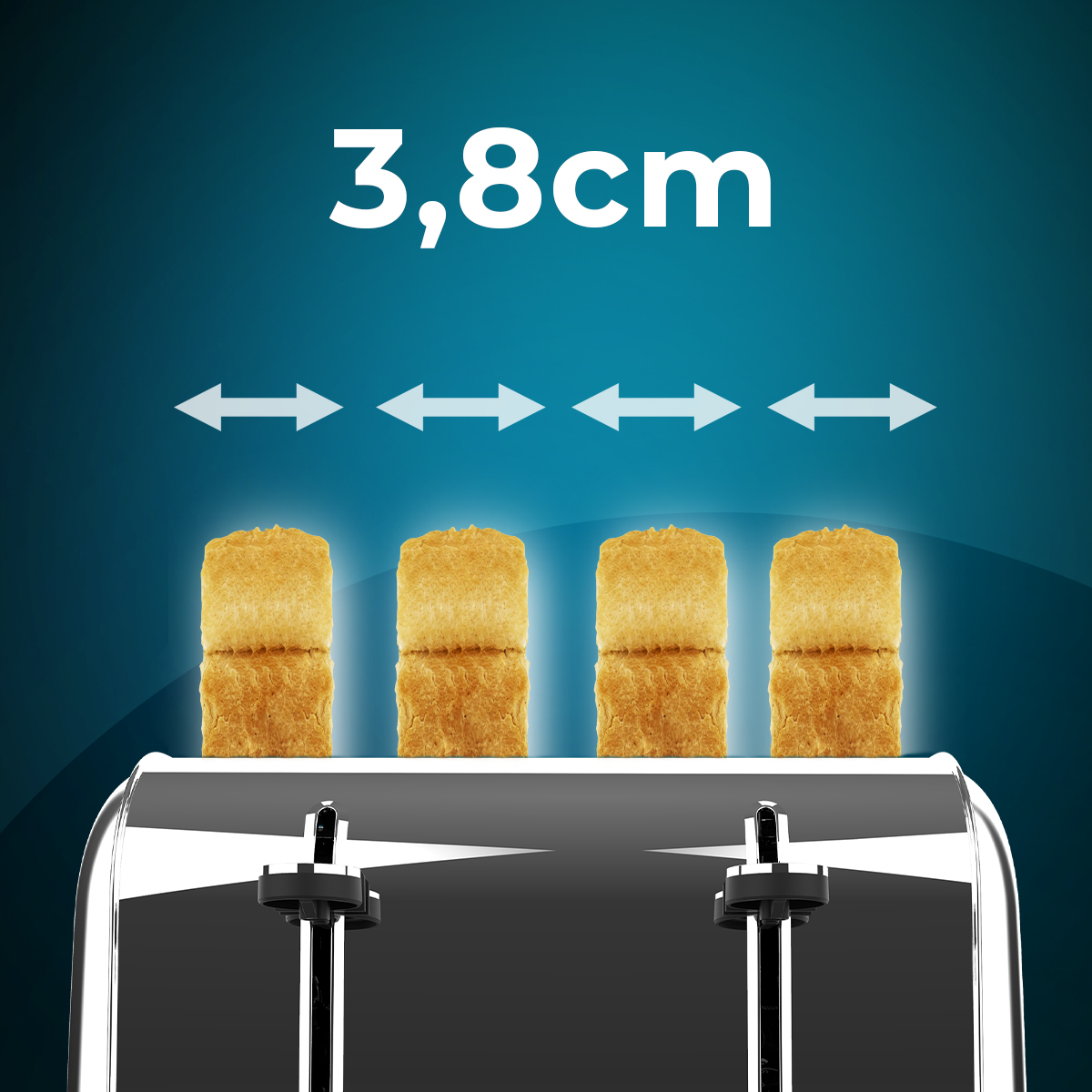 Cztery kromki tostów na chromowanym tosterze. Powyżej strzałki i tekst '3,8cm' na niebieskim tle gradientu.