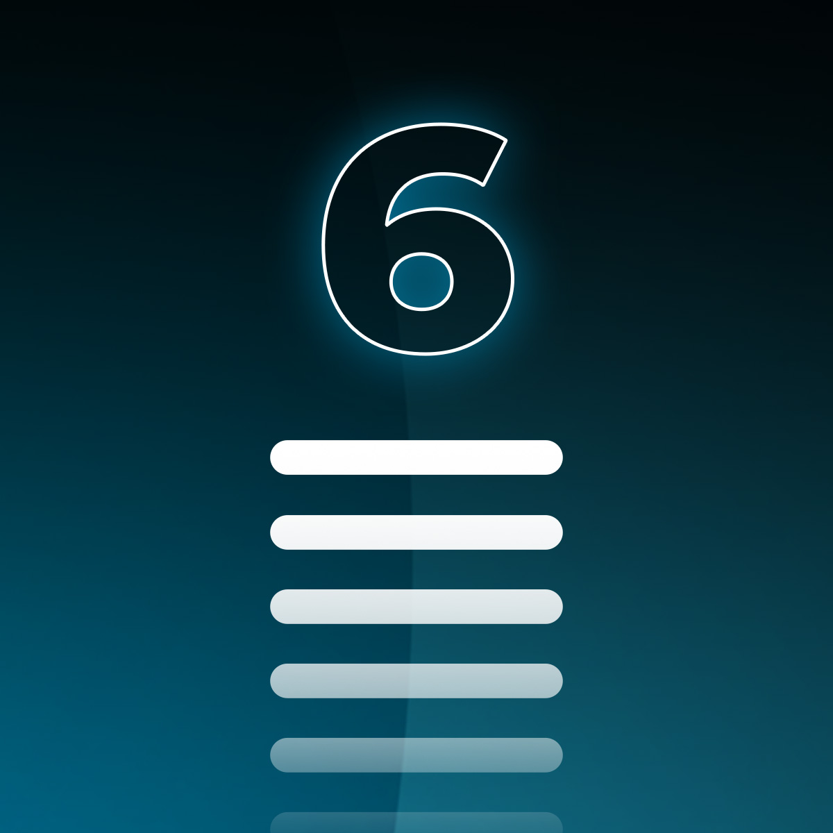 Świecąca biała liczba 6 nad poziomymi białymi paskami na gradientowym niebieskim tle.