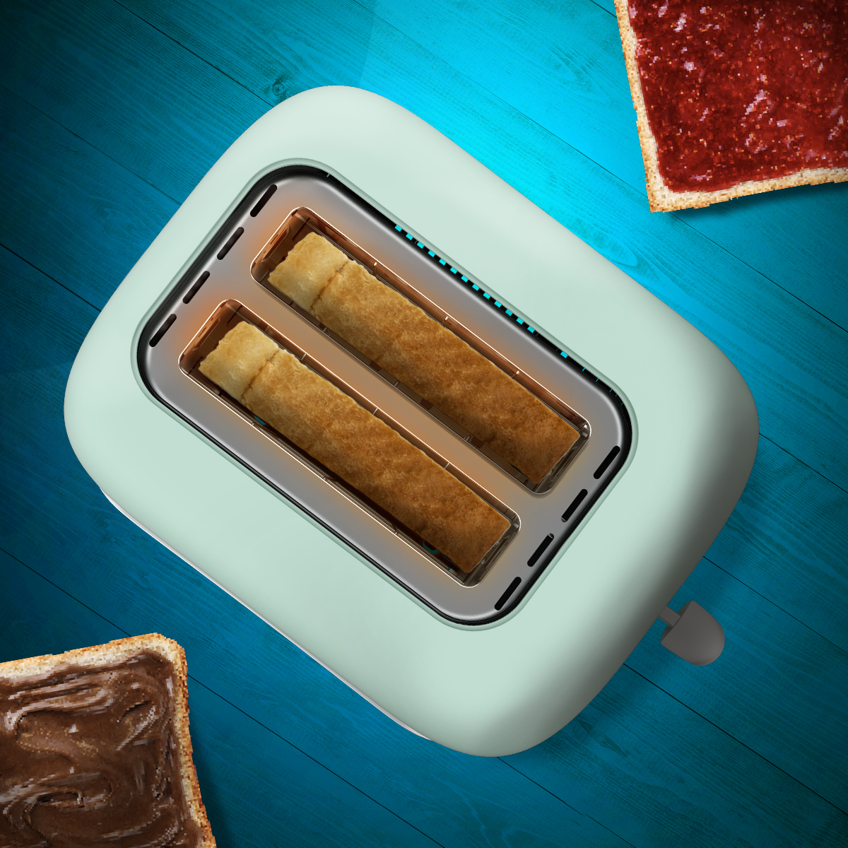 Miętowy toster z dwiema kromkami tostów. Dwie kromki tostów z dżemem i kremem czekoladowym na niebieskim drewnianym stole.