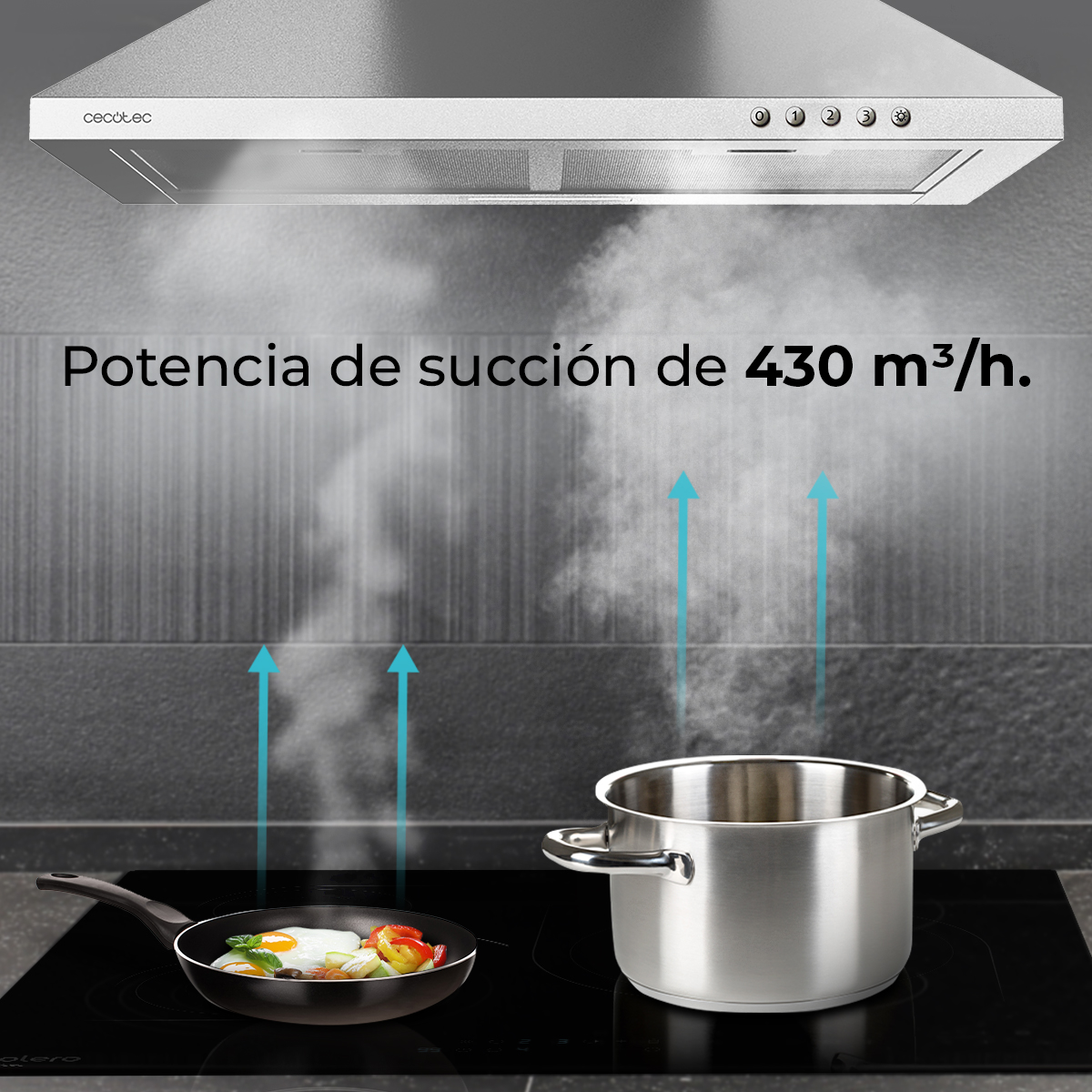 Scena di cucina con padella, pentola e cappa. Le frecce indicano la direzione di aspirazione.