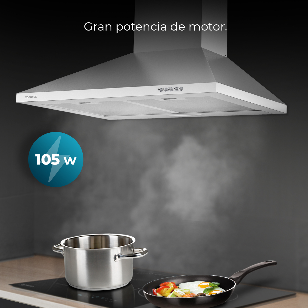 Scena di cucina con cappa, padella con cibo e pentola. Un cerchio blu mostra 105w. Il fumo sale dal piano cottura.