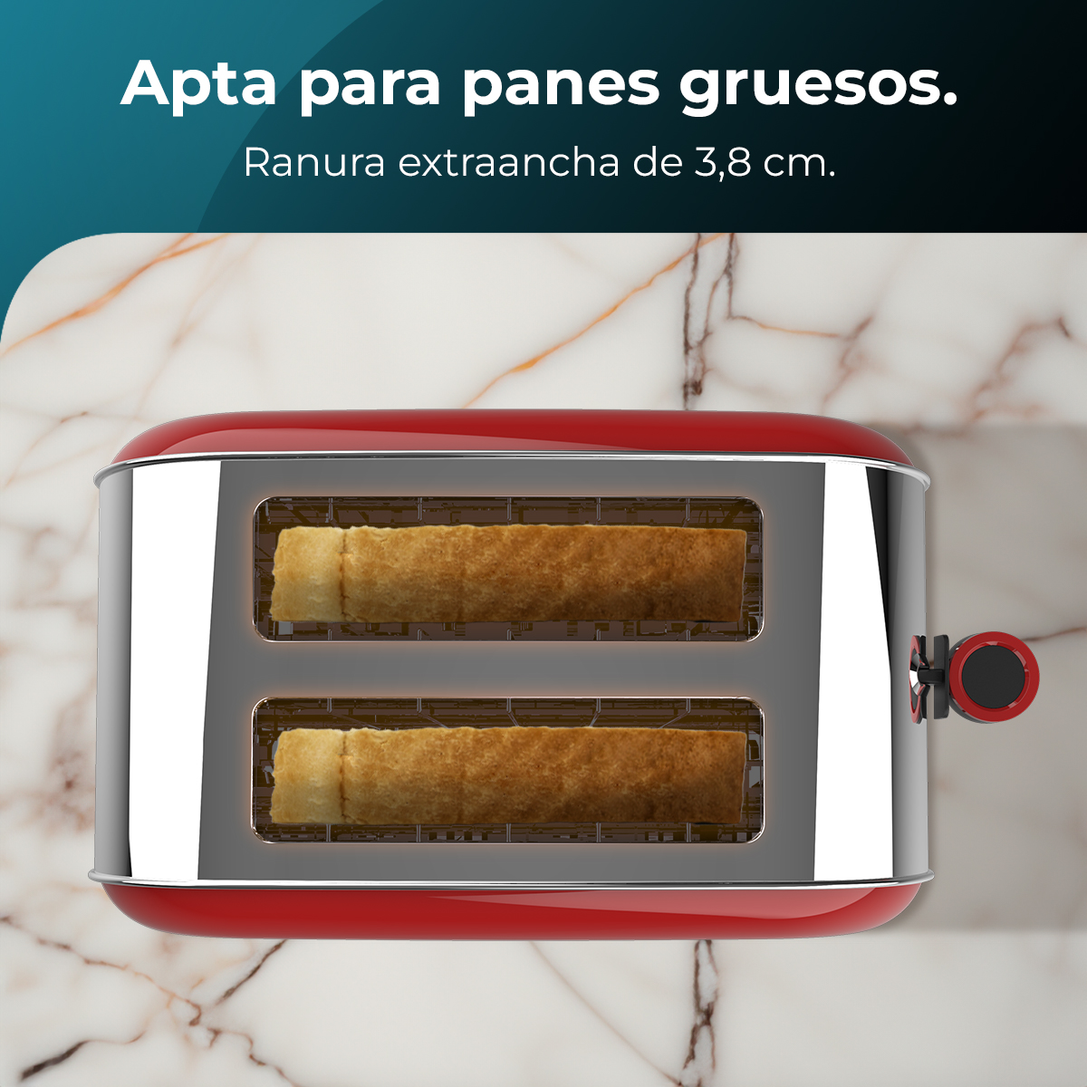 Una tostadora roja y plateada con dos rebanadas de pan tostado dentro. El fondo es un patrón de mármol.