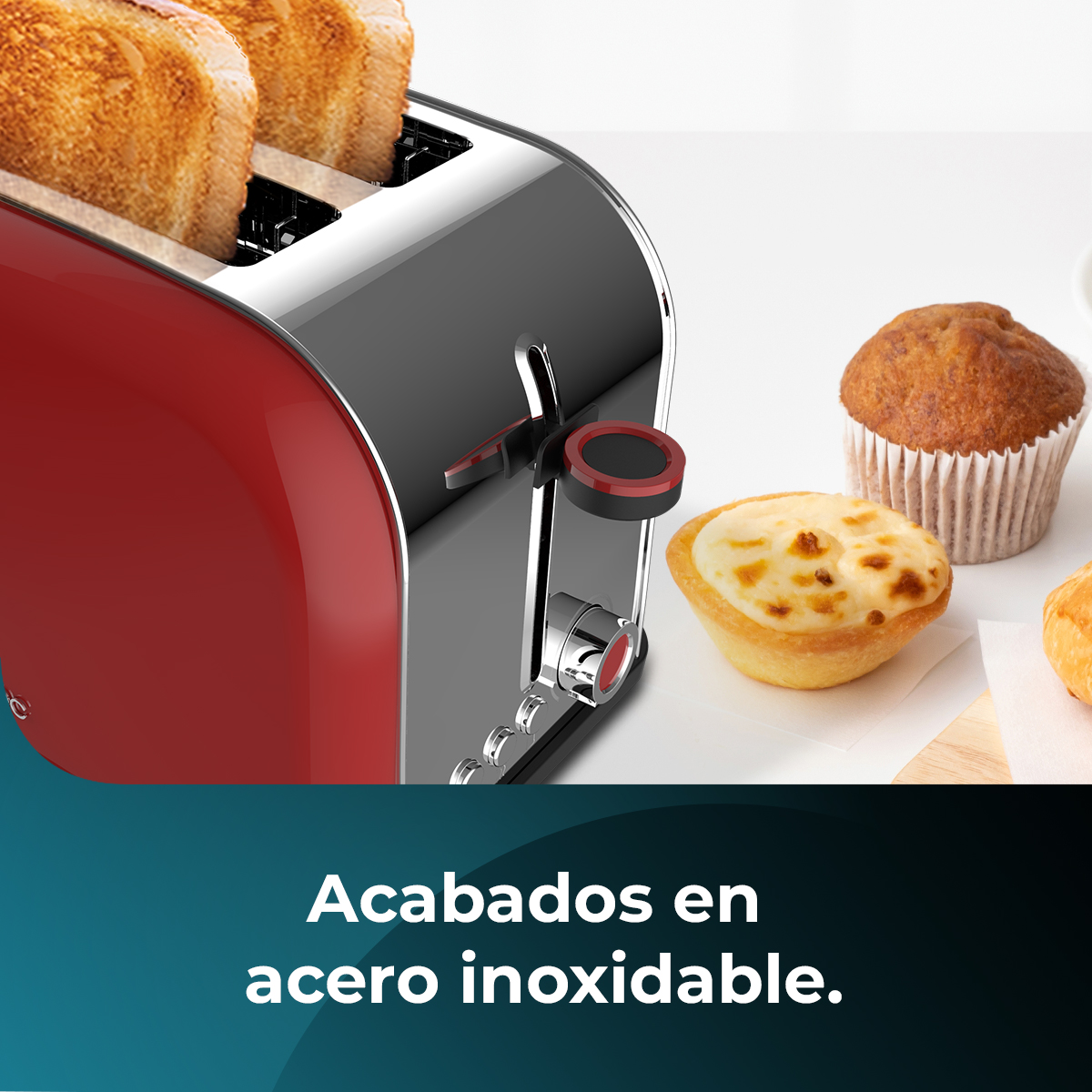 Un tostapane rosso con toast. Un muffin e una crostata a destra. Testo in basso: 'Finiture in acciaio inossidabile'.