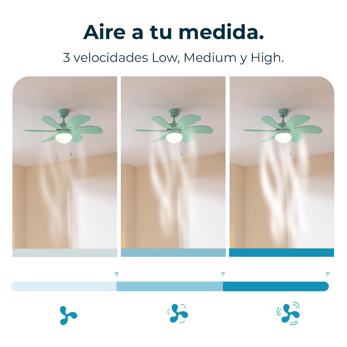Das Bild zeigt drei Deckenventilatoren mit unterschiedlichen Geschwindigkeiten. Der Text lautet 'Aire a tu medida' und '3 velocidades Low, Medium y High.'