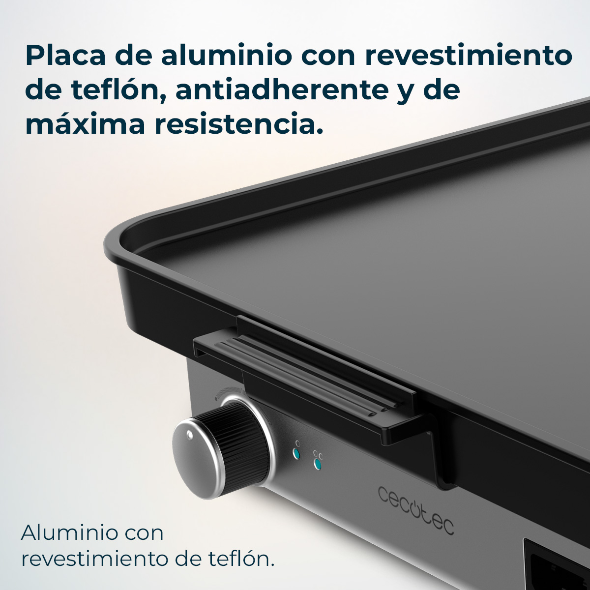 A close-up of a black griddle with a control knob and the brand 'Cecotec'. The text says 'Aluminum with Teflon coating'.