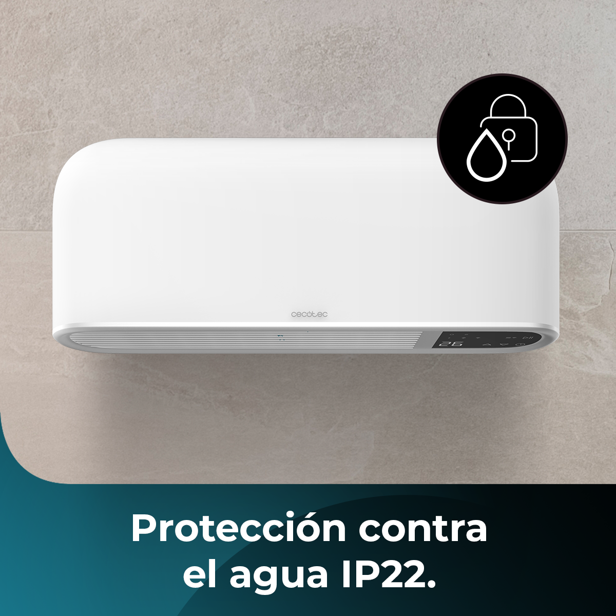 Condizionatore bianco su muro grigio. Cerchio nero con acqua e lucchetto. Testo: "Protezione acqua IP22".
